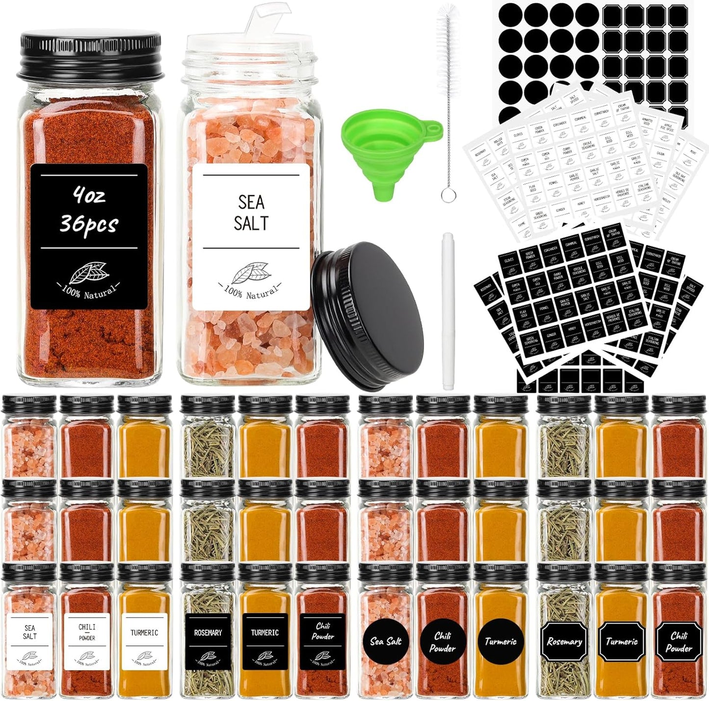 CycleMore 36 Pack 4oz Glass Spice Jars, Square Spice Containers with Black Metal Caps and Pour/Sift Shaker Lid-280pcs Labels,1pcs Silicone Collapsible Funnel and Brush Included