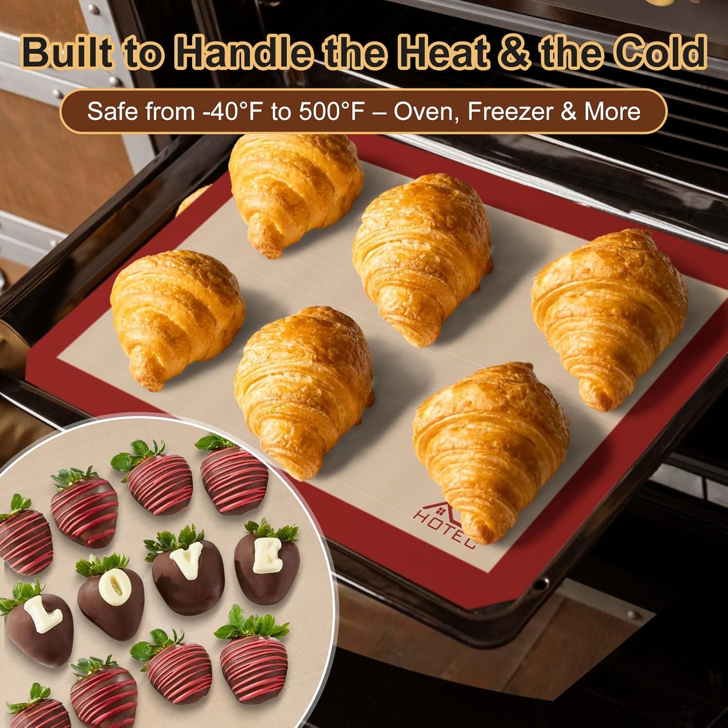 HOTEC Silicone Baking Mats 3 Pack – Non-Stick Reusable Silicone Baking Sheets for Oven – Cookie & Macaron Mats – 2 Half Sheet + 1 Quarter Sheet – BPA-Free, Dishwasher Safe