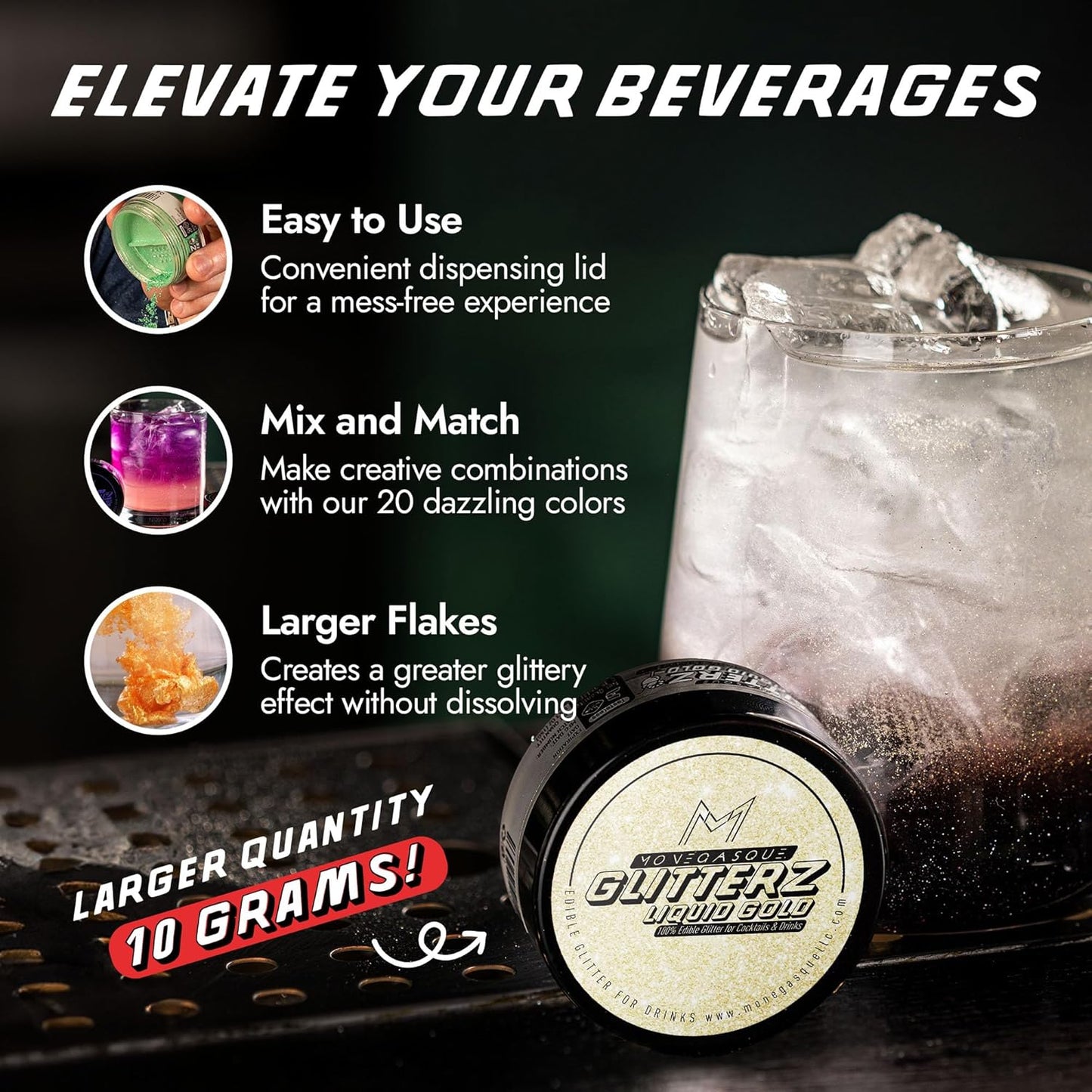 MONÉGASQUE Gold Iridescent Edible Glitter for Drinks 10g – Liquid Gold Edible Glitter for Cakes & Cocktails – Halloween Cocktail Drink Shimmer Sparkles – Decorating Sprinkles for Cupcakes & Cake