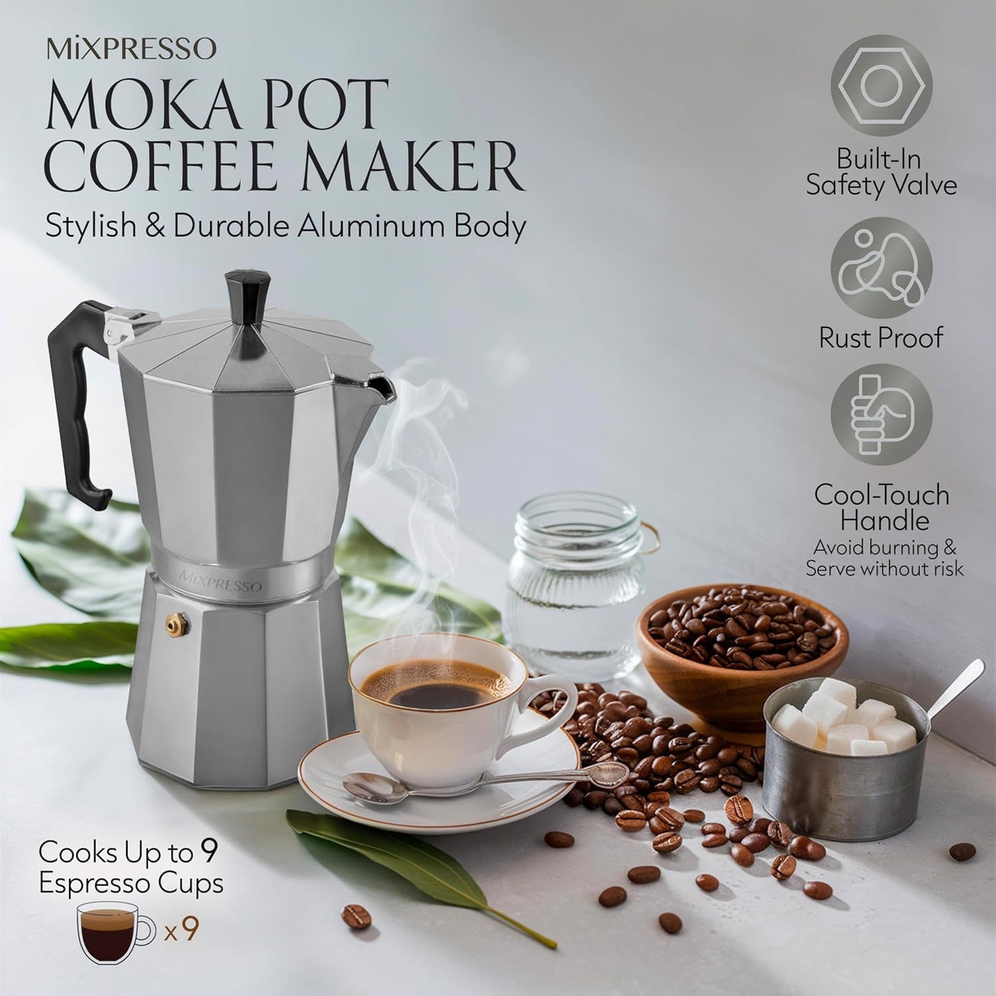 Mixpresso 9 Cup Moka Pot Cuban Coffee Maker, Moka Pot for Gas, Electric Stove Top, Classic Italian Coffee Maker, Stovetop Espresso Maker, Camping Pot Makes 9 Espresso Cup 14 Oz