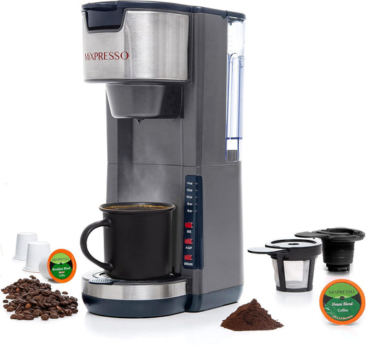Mixpresso Gray Single Serve Coffee Brewer K-Cup Pods Compatible & Ground, 30 oz Compact Coffee Maker Single Serve With 5 Brew Sizes Up To 14 Oz, Fits Travel Mug, Adjustable Drip Tray