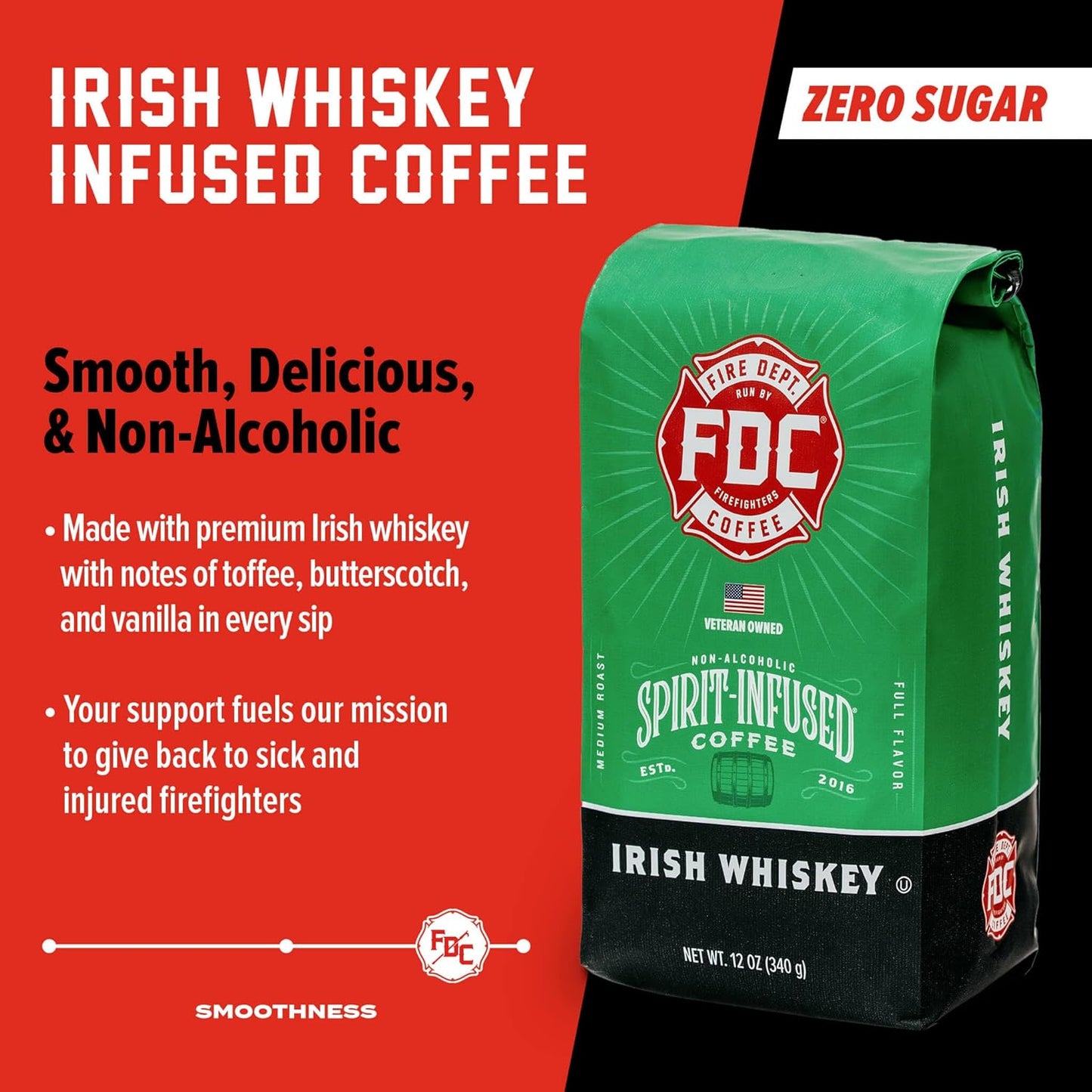 Fire Department Coffee - Gives Back to Firefighters - Irish Whiskey Infused Ground Coffee - Medium Roast - Non-Alcoholic - Roasted in the USA - Veteran Owned -12 oz