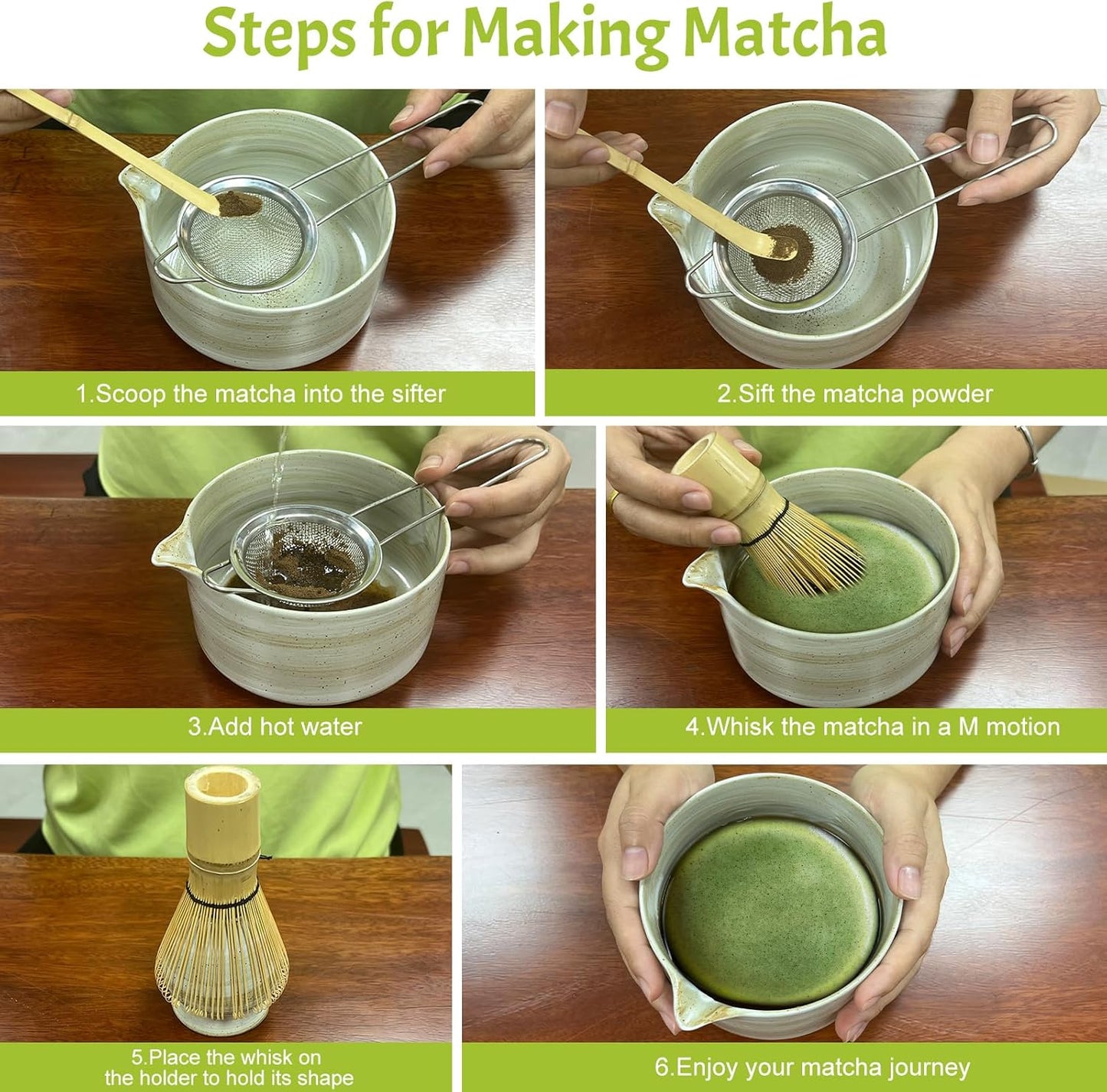 Matcha Whisk Set,6Pcs Matcha Kit Includes Matcha Whisk and Holder,Matcha Bowl with Spout,Matcha Sifter and 2Pcs Matcha Spoon,Suitable as a gift for those who like matcha (Gray)
