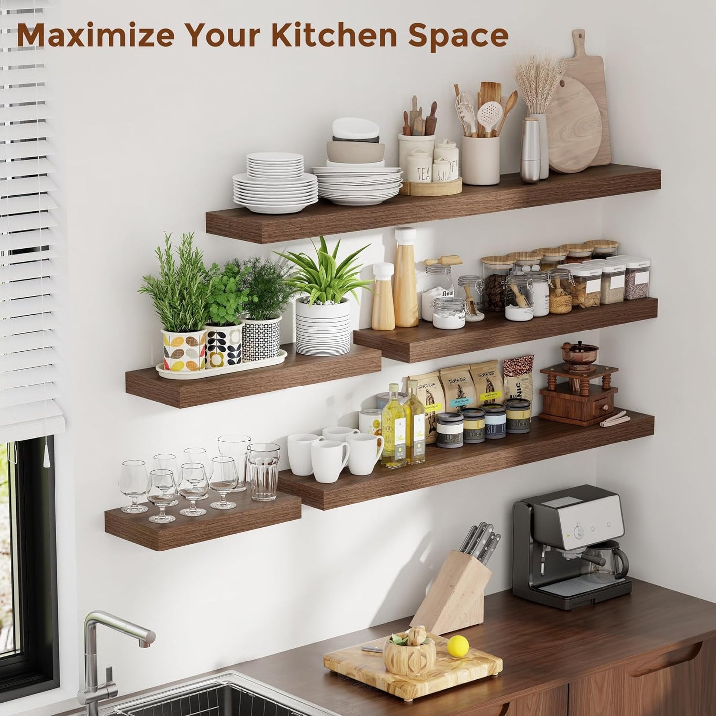 Heimlove 55 Inch Floating Shelves for Wall 8 Inch Deep Walnut Shelves Set of 2,Wall Mounted Rustic Wood Long Floating Shelf，Large Extra Display & Storage Shelf with Invisible Brackets