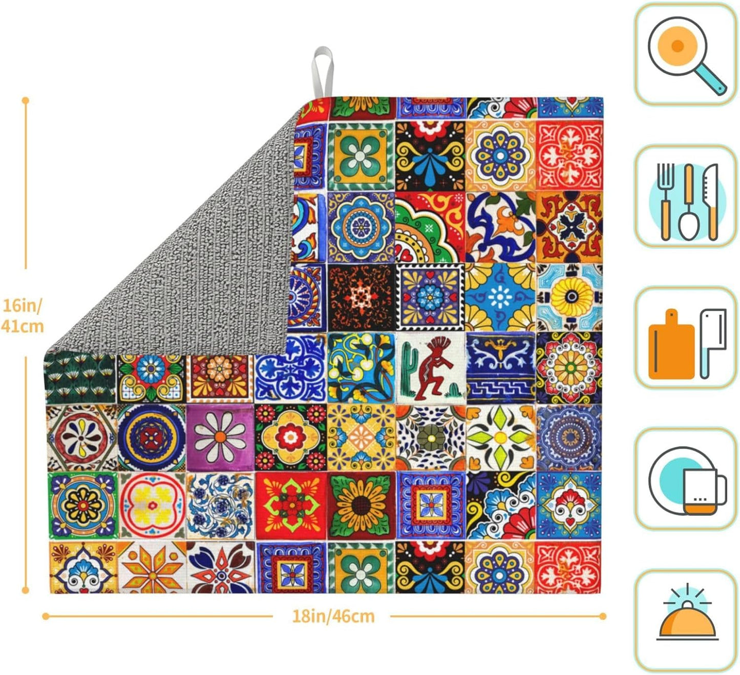 Bohemian Chic Floral Dish Drying Mat, Highly Absorbent Microfiber Kitchen Counter Pad Reusable Washable, 16*18"