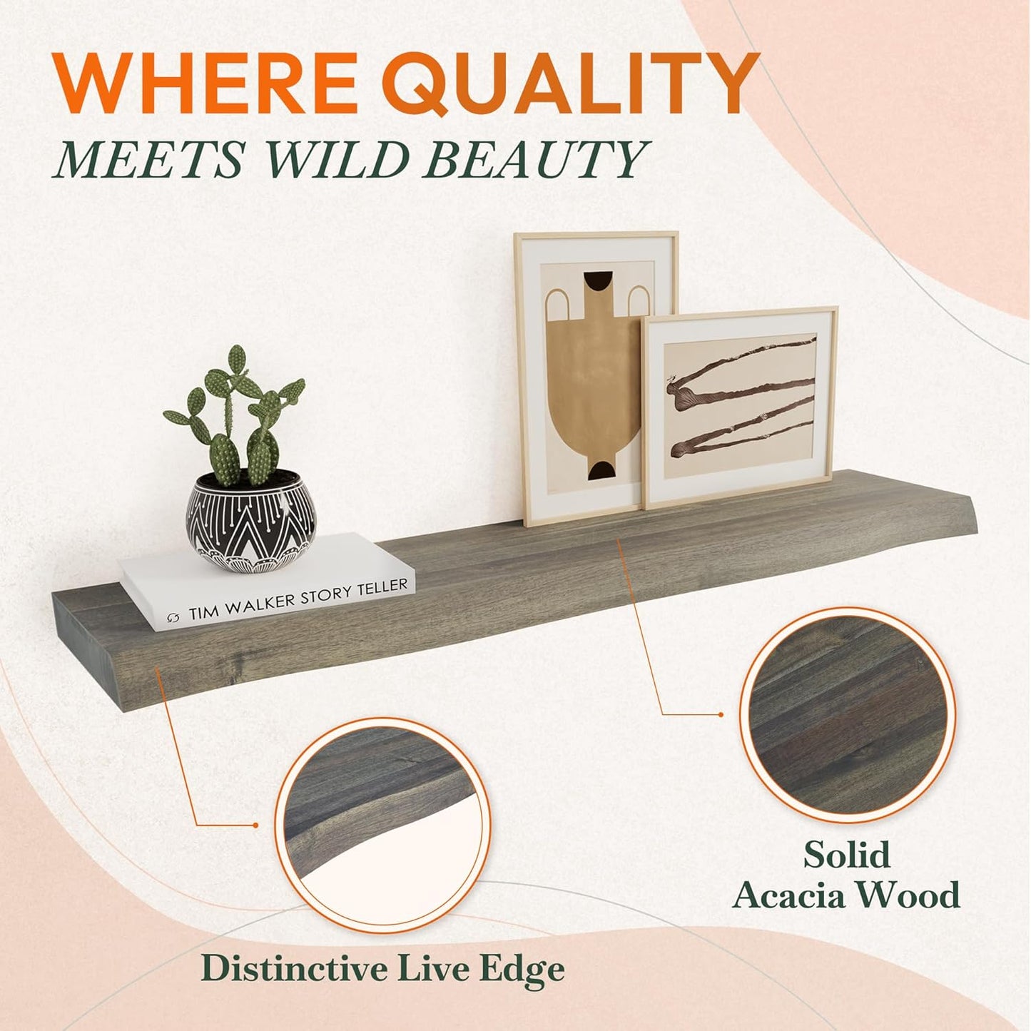 24" Acacia Live Edge Floating Shelves Set of 2 - Wall Mounted Wooden Shelf for Stylish Home Décor - Mocha Color 24x7.5x1.5 Inches