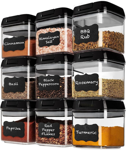 Shazo 9 PC Airtight Food Storage Containers - BPA Free Clear Plastic Snack & Spice Containers with Easy Lock Lids - Kitchen and Pantry Organization for Herbs, Coffee, Tea - 0.5L / 2.1 Cups