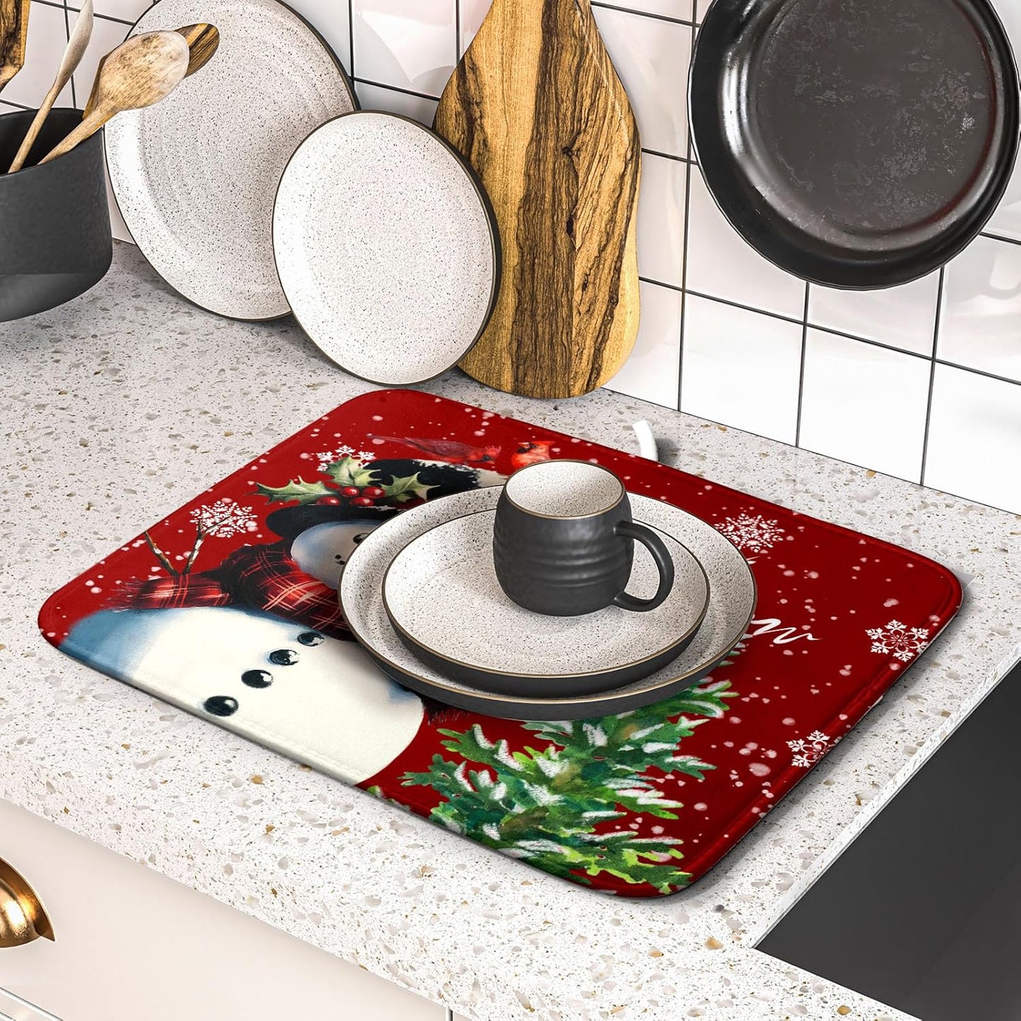 Let It Snow Winter Snowflake Red Dish Drying Mat for Kitchen Counter,Xmas Trees Snowman Cardinal Bird Drying Mat 16 x 18 Inch with High Absorbent Microfiber Drainer Mat for Coffee Bar