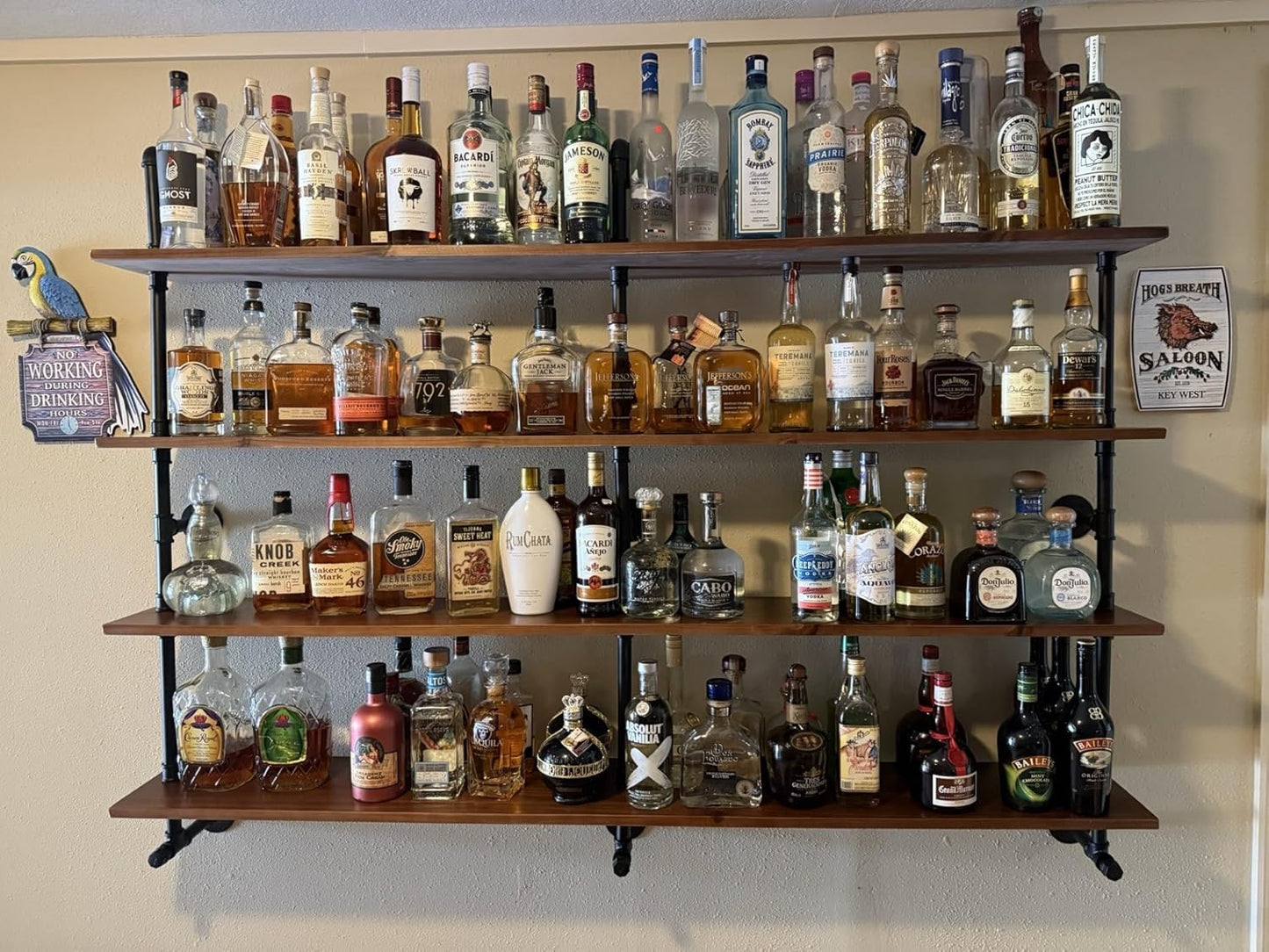 Industrial Pipe Wall Shelves With Real Wood Plank, 70 Inches Floating Shelves for Wall, 4 Tier Farmhouse Book Shelves, Dark Brown for Kitchen, Living Room Decor and Bar