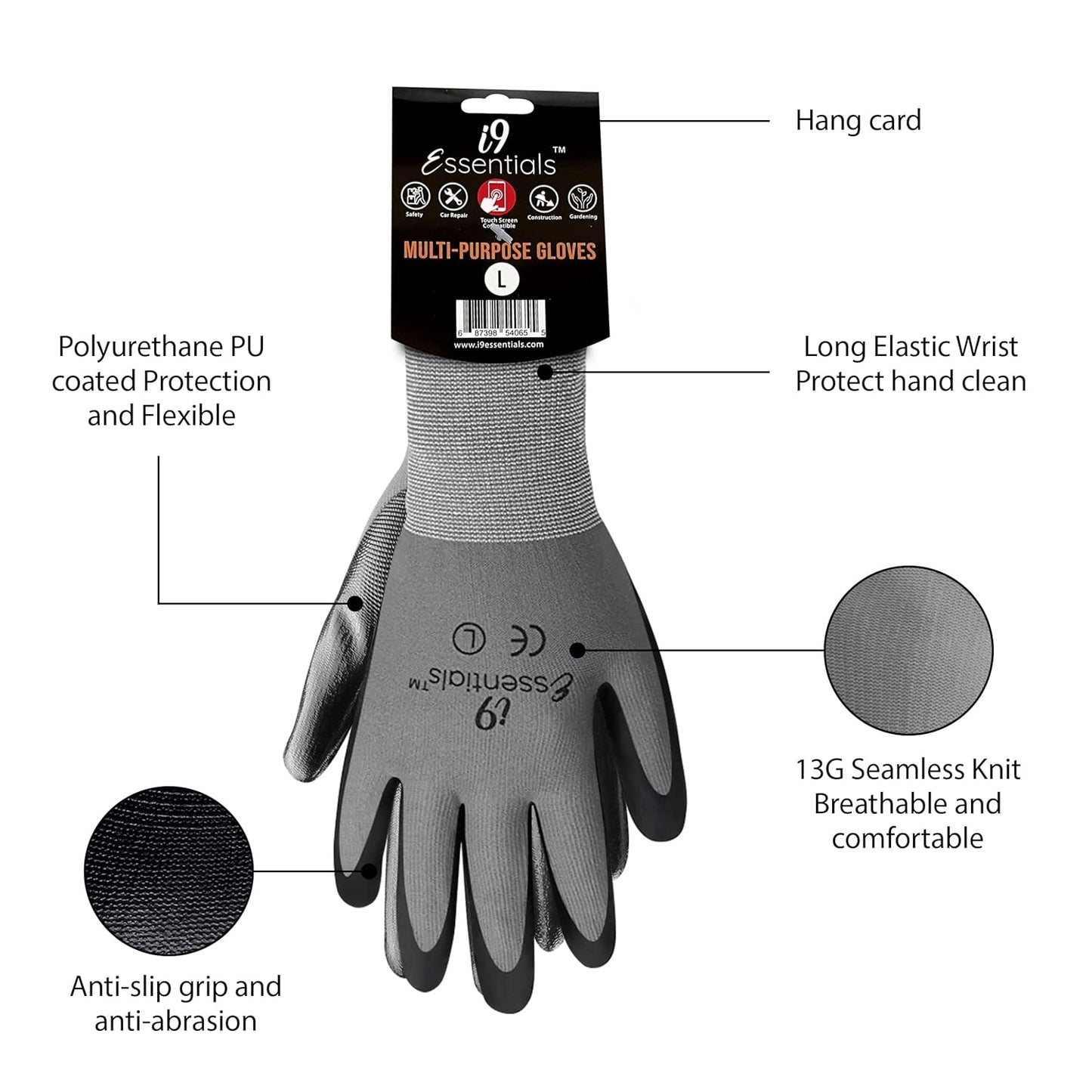 I9 Essentials Safety Work Gloves – 12 Pairs MicroFoam Nitrile Coated, Seamless Nylon Knit Grip Gloves for Construction, Home Improvement, Gardening, Mechanics, Automotive – Large, Breathable