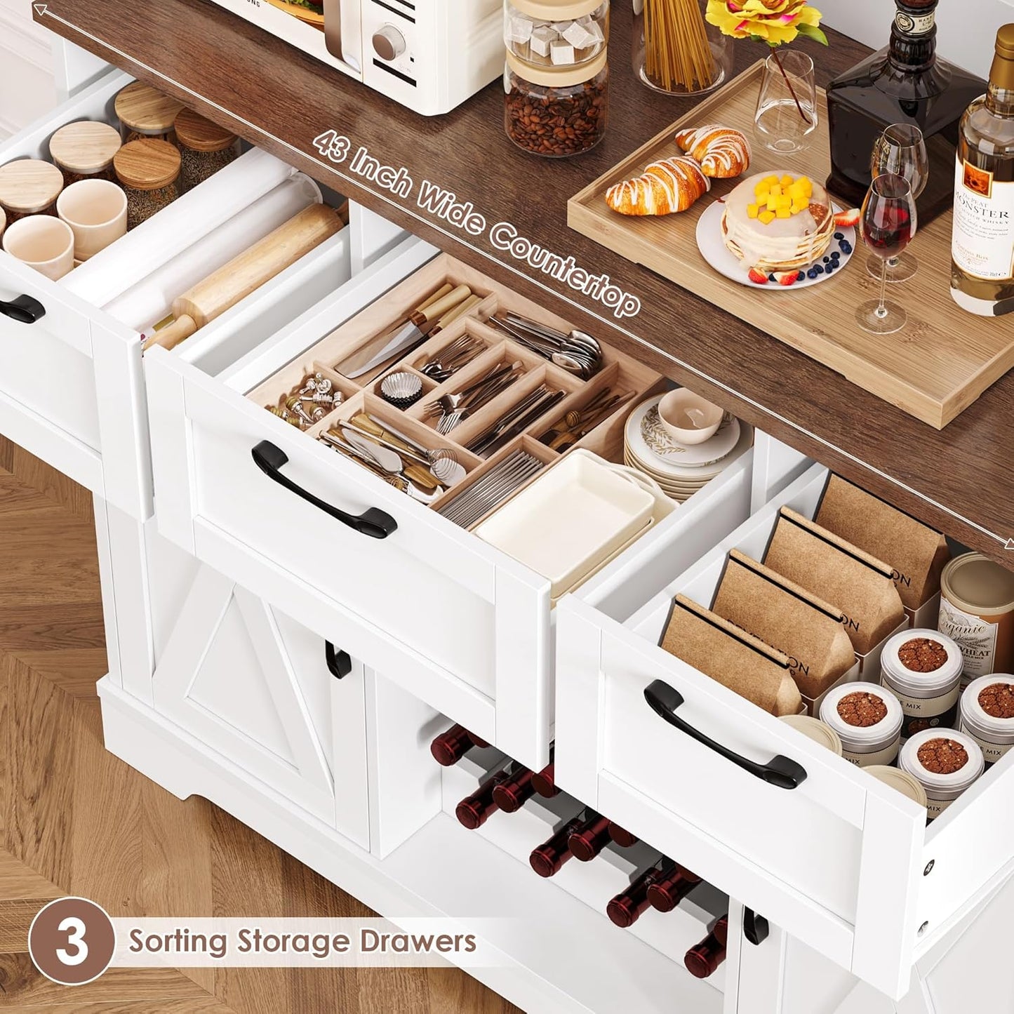 HIFIT 72" Large Kitchen Pantry Storage Cabinet with Barn Doors & Shelves & Drawers, Farmhouse Tall Kitchen Hutch with Bar Cabinet and Microwave Stand, Cupboard Wine Rack for Kitchen Dining Room, White