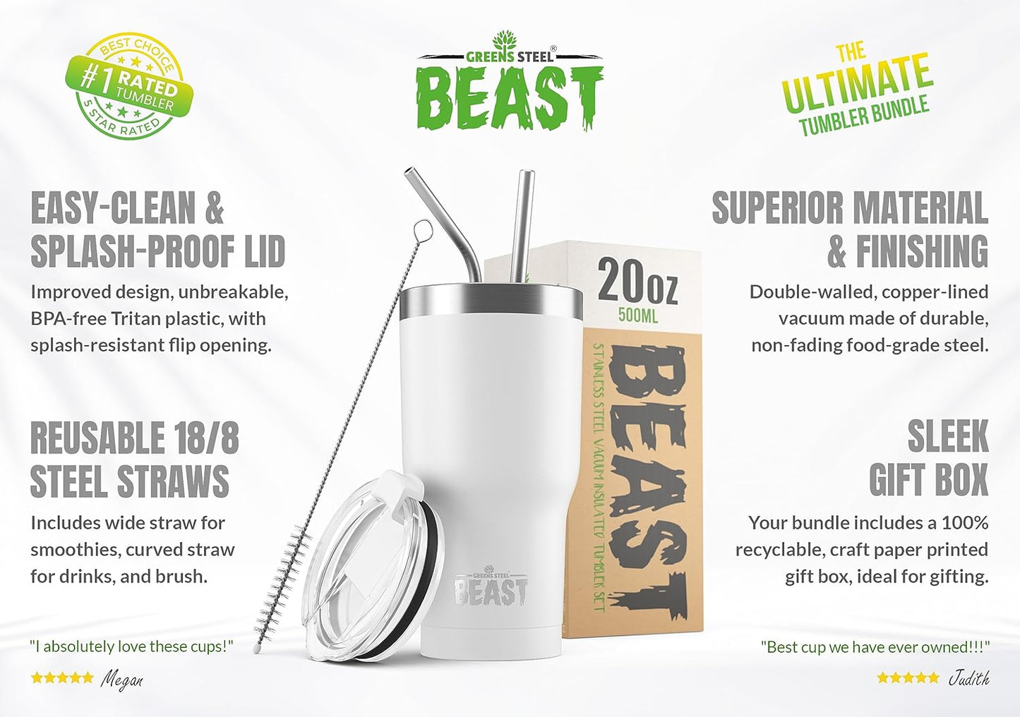 Beast 20 oz Tumbler Stainless Steel Vacuum Insulated Coffee Ice Cup Double Wall Travel Flask (Arctic White)