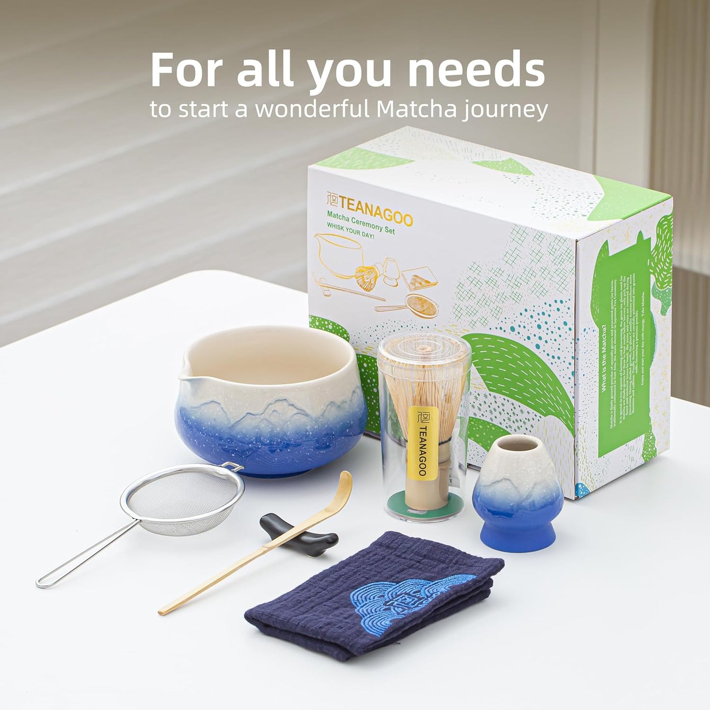 TEANAGOO 7 Pcs Matcha Whisk Set,Blue Matcha Set, Ceremony Matcha Powder Kit,Matcha Tea Set for Making Latte,Matcha Whisk Set and Bowl with Scoop&Sifter,Fuji Design Ceramic Bowl,Gift for Matcha Lovers