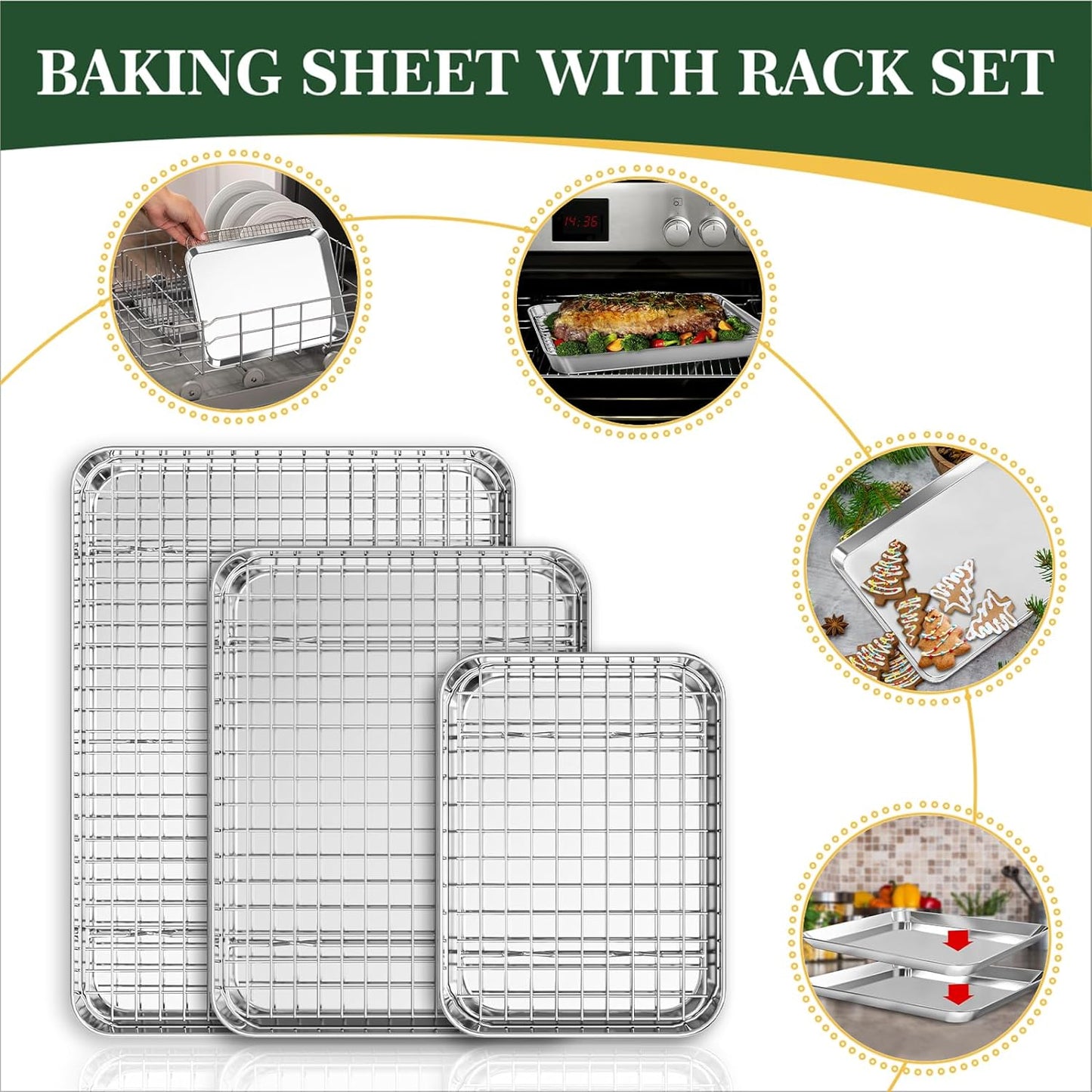 Stainless Steel Cookie Sheets, Baking Sheet Pan Set of 3 with Wire Cooling Rack, Non Stick and Heavy Duty and Easy Clean, 9/12/16 Inch