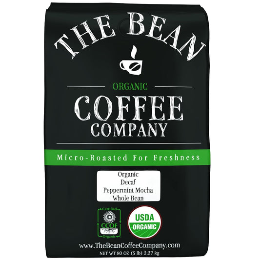 The Bean Organic Coffee Company Water Processed DECAF Peppermint Mocha, Medium Roast, Whole Bean Coffee, 80 Ounce Bag