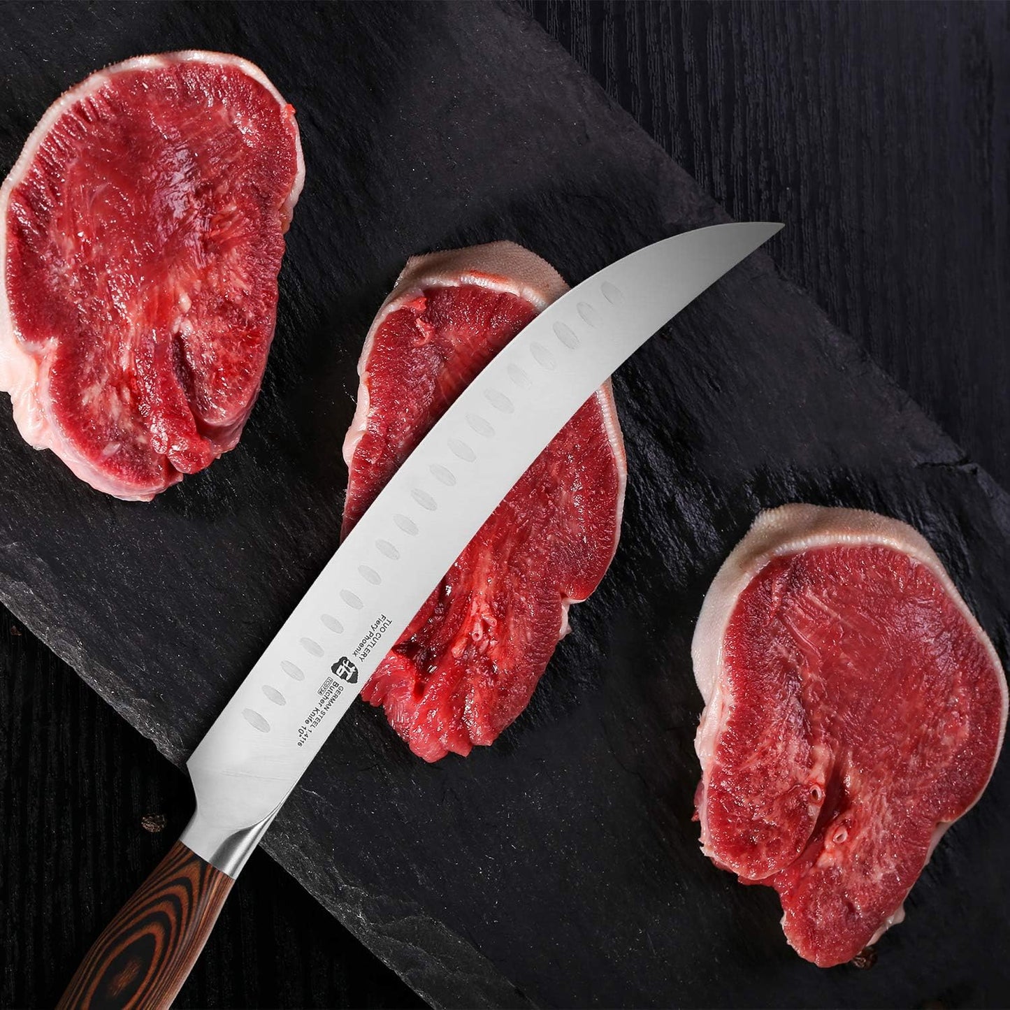 TUO Cimitar Butcher Knife - 10 inch Curved Breaking Knives for Slicing & Carving Pro Meat Chopping Cleaver - German HC Steel Full Tang Pakkawood handle - Fiery Series Gift Box Included
