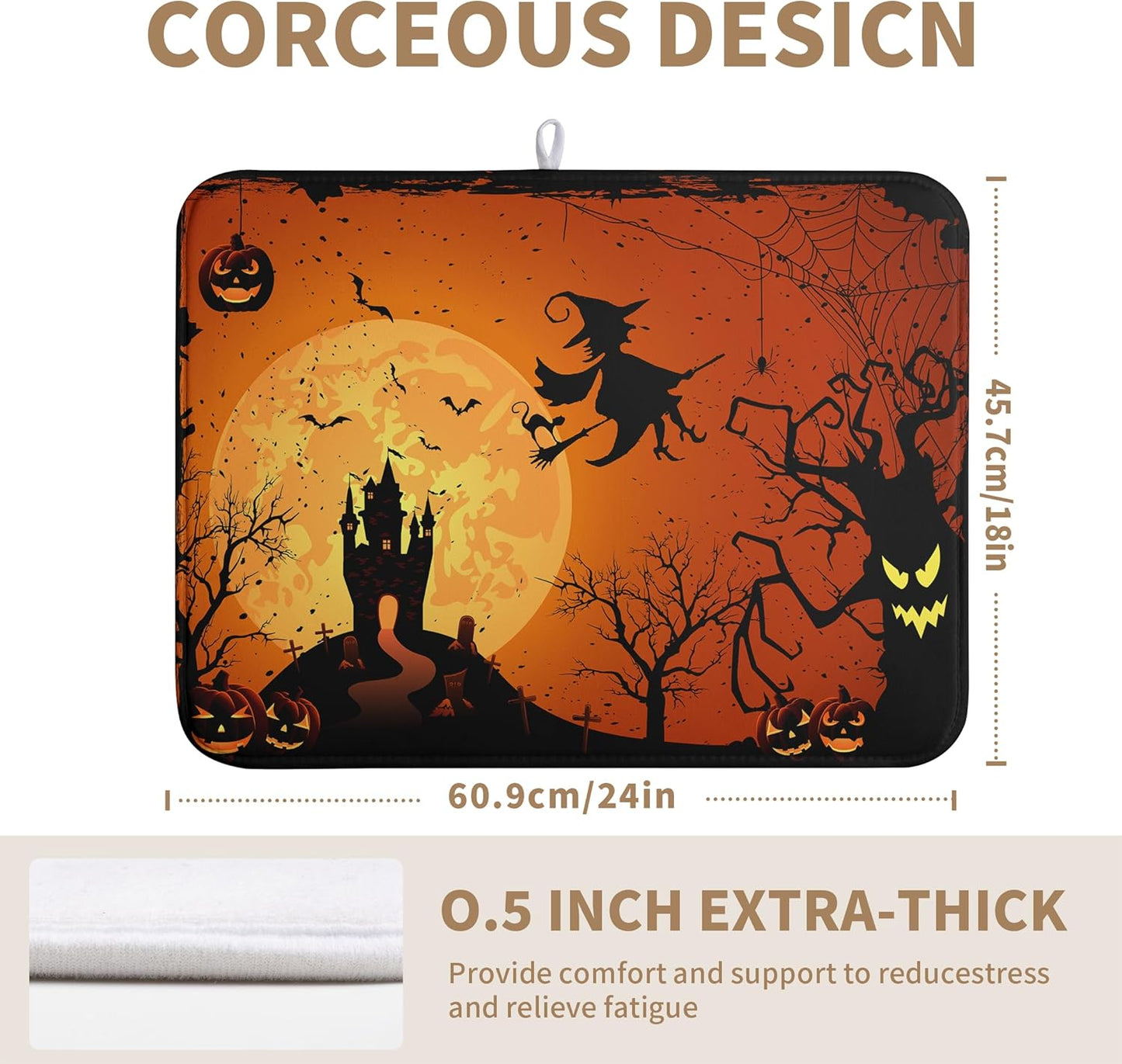 Happy Halloween Dish Drying Mat Fall Pumpkin Witch Dishes Draining Mats Spooky Castle Coffee Bar Bats Trick or Treat Dish Drying Pad Self Fast Absorbent Dryer Mat for Kitchen Countertop (18x24 in)