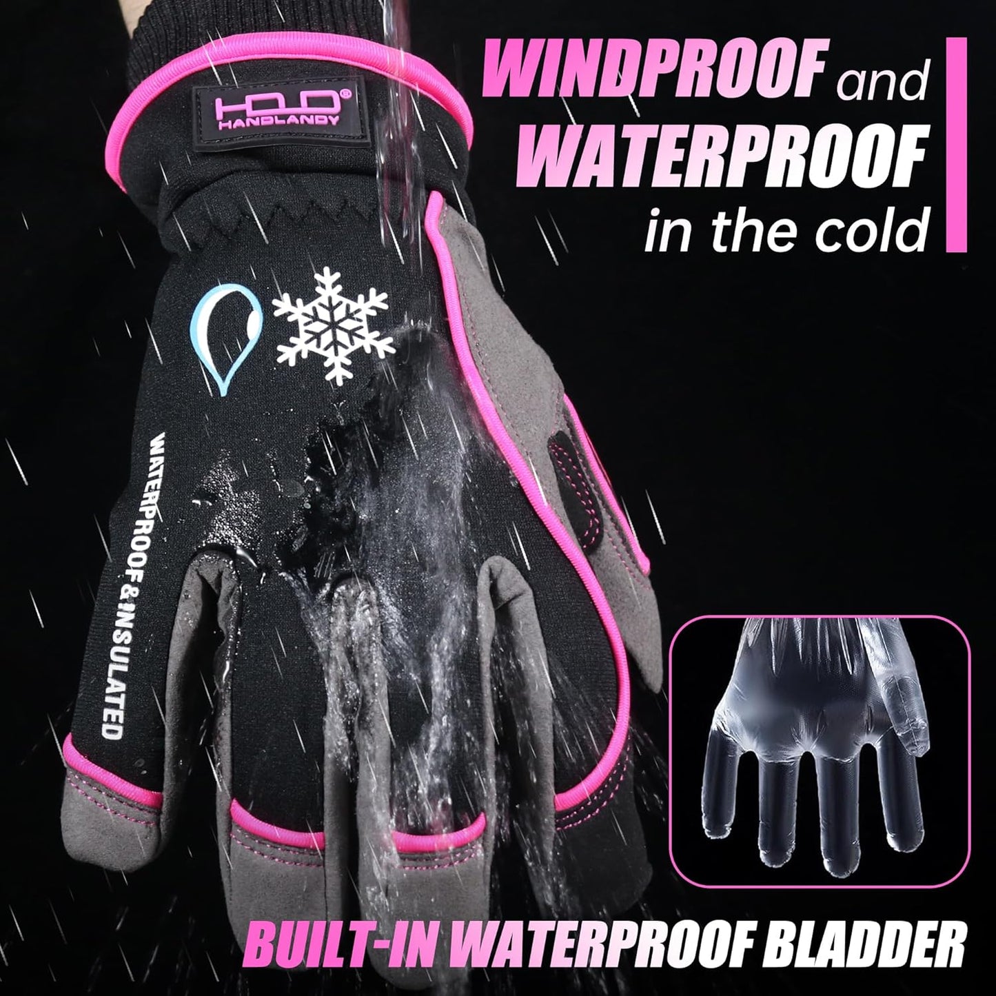 HANDLANDY Waterproof Insulated Work Gloves, 3M Thinsulate Thermal Winter Gloves for Men Women Touch Screen, Warm Ski Snowboard Cold Weather Gloves (Small, Pink)