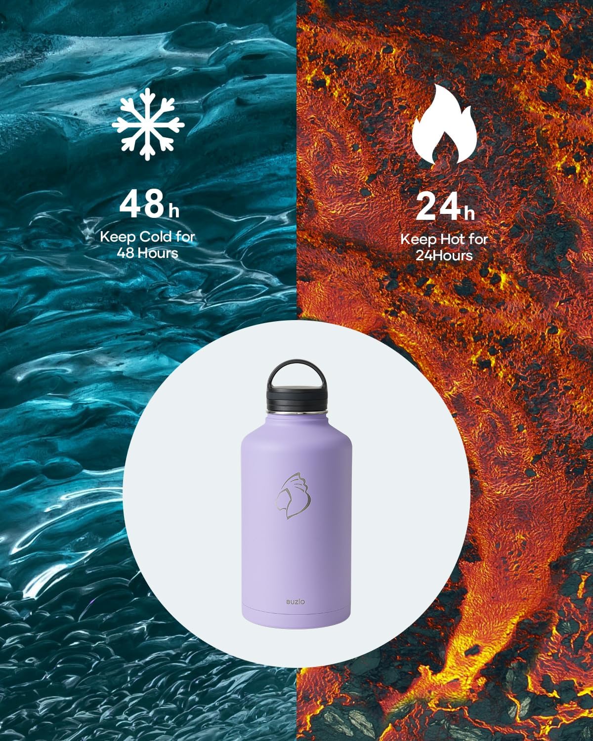 BUZIO 64 oz Water Bottle Insulated with Straw & 3 lid and Carrying Pouch, Leak Proof Half Gallon Stainless Steel Water Flask Jug, Cold for 48 Hrs Double Vacuum Thermo Canteen, BPA-Free, Purple