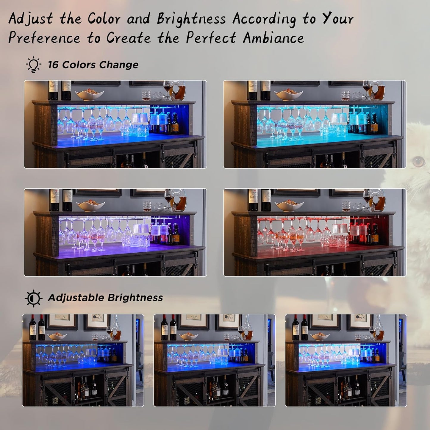 OKD Farmhouse Coffee Bar Cabinet with LED Lights, 55" Wine Bar w/Sliding Barn Door & Wine and Glass Rack, Kitchen Buffet Cabinet w/Storage Shelves for Dining Room,Dark Rustic Oak