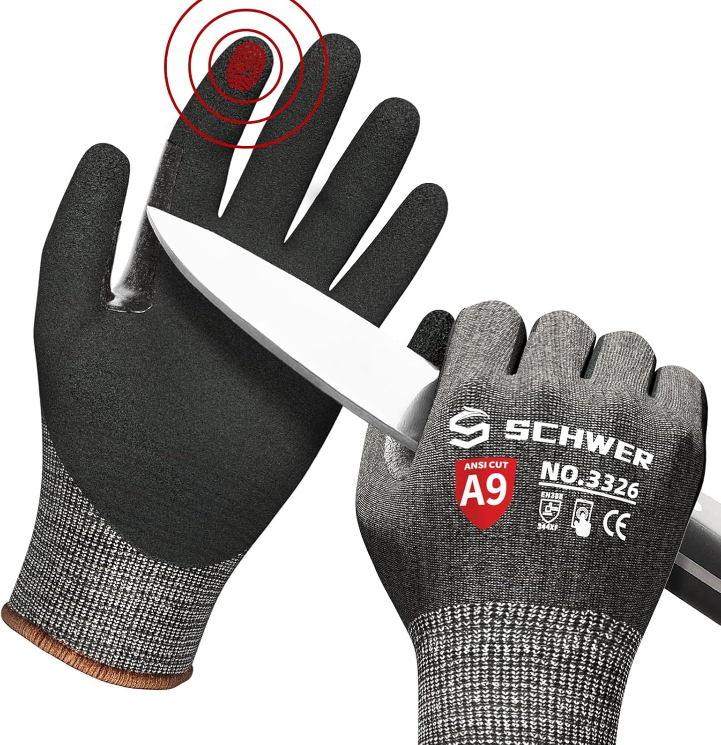 Schwer ProGuard Highest Level Cut Resistant Work Gloves PR3326 for Extreme Protection，ANSI A9 Cut Gloves with Reinforced Thumb, Non Slip, Non PFAS, Durable, Touch-screen, Black 2 Pairs（L）