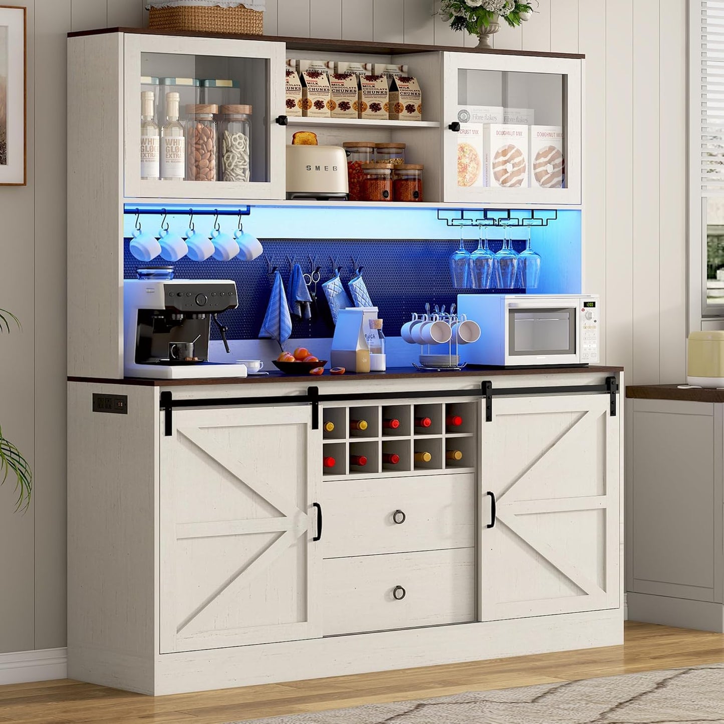 74" Tall 63" Wide Large Coffee Bar Cabinet w/Outlet,6000-color LED Light,Pegboard,Farmhouse Hutch Cabinet w/Barn Door,2 Big Drawers,Adjustable Shelves,10 Wine & Glasses Rack,5 Hook for Kitchen