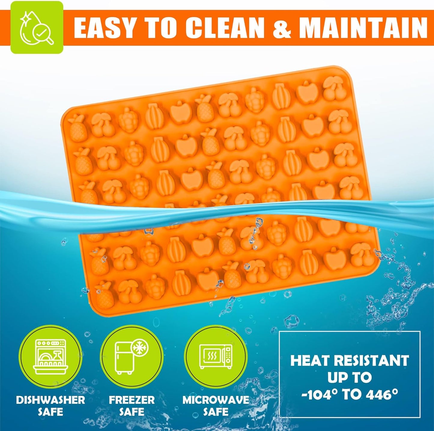 Set of 8 Fruit Snack Molds Silicone Bpa Free, Gummy Molds Trays for Candy Chocolate Gummies Baking - with 2 Dropper & 2 Cleaning Brush(Cherries Grape Banana Apple Pineapple)