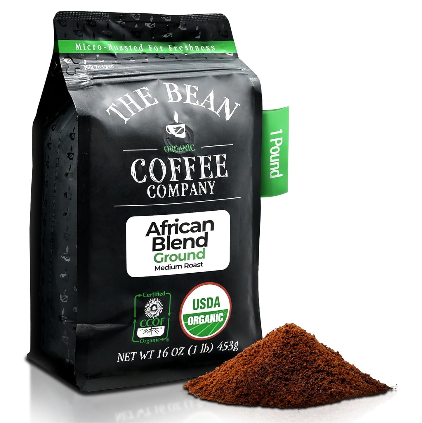 The Bean Organic Coffee Company African Blend, Medium Roast, Ground Coffee, 16-Ounce Bag, Café molido tostado orgánico