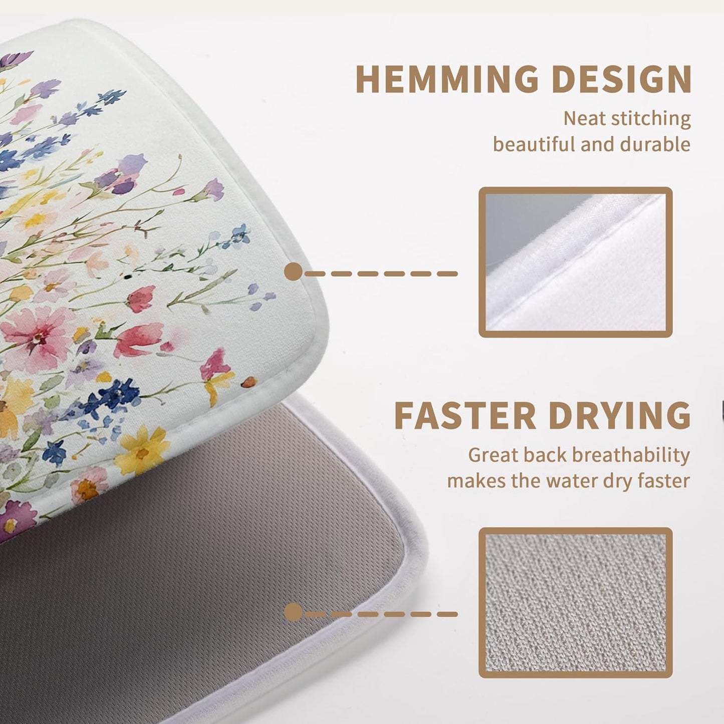 Spring Floral Dish Drying Mat for Kitchen Counter Summer Colorful Flower Kitchen Dishes Dryer Pad Absorbent Matt Microfiber Washable Foldable Reusable Large 18x24 in