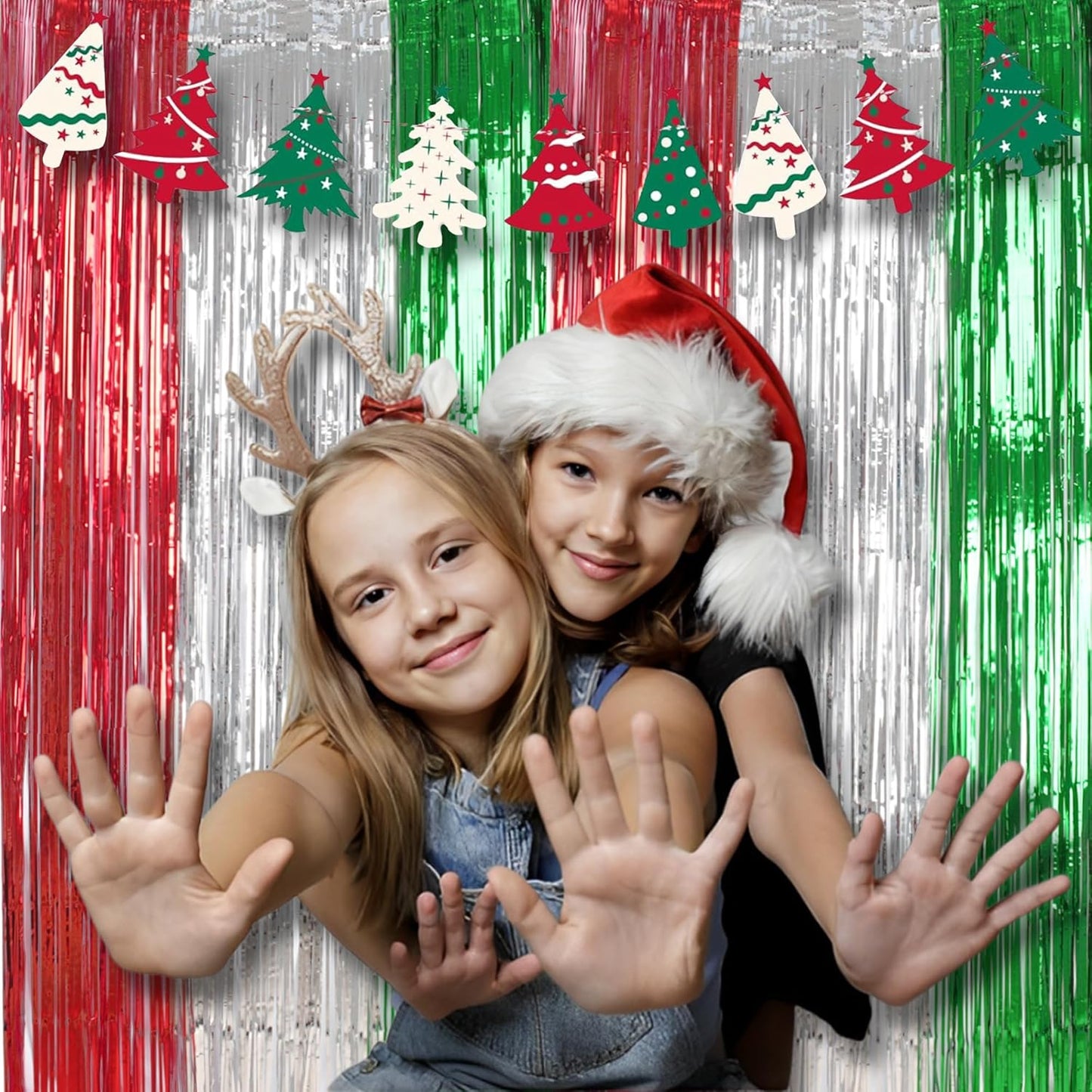 BRAVESHINE 2 Pack Fringe Backdrop Red Silver Green Christmas Party Decorations 3.2 x 6.6 ft Tinsel Foil Curtain Party Streamer Metallic Photo Backdrop for Christmas, New Year Decor