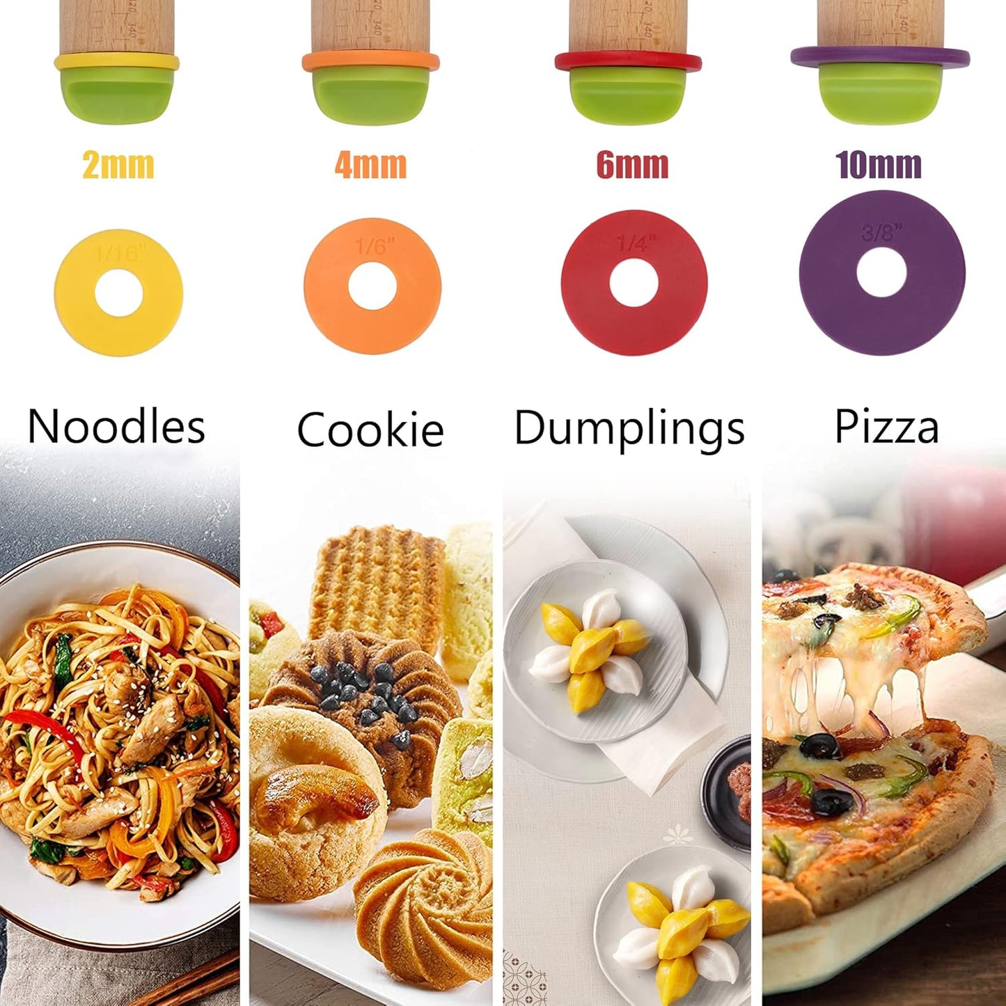 Rolling Pin with Thickness Rings for Baking,Fondant, Pizza, Pie Crust, Cookie, Pastry, Roller Rod for Dough Thickness, 13.6" Adjustable Wood Rolling Pin with 4 Thickness Rings and Wooden Stand