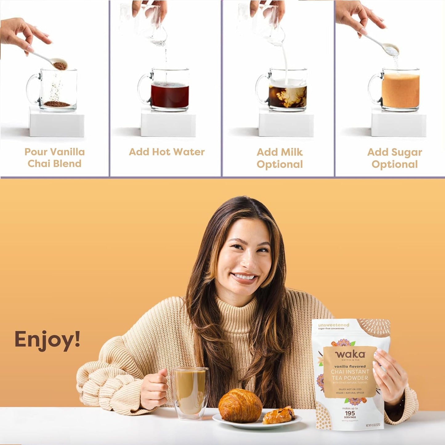 Waka Vanilla Chai Tea Mix - 100% Tea Leaves from India, Natural Spices, Unsweetened Tea Powder - No Sugar, No Additives, Up to 195 Cups (4.5oz Pouch, 195 Servings)