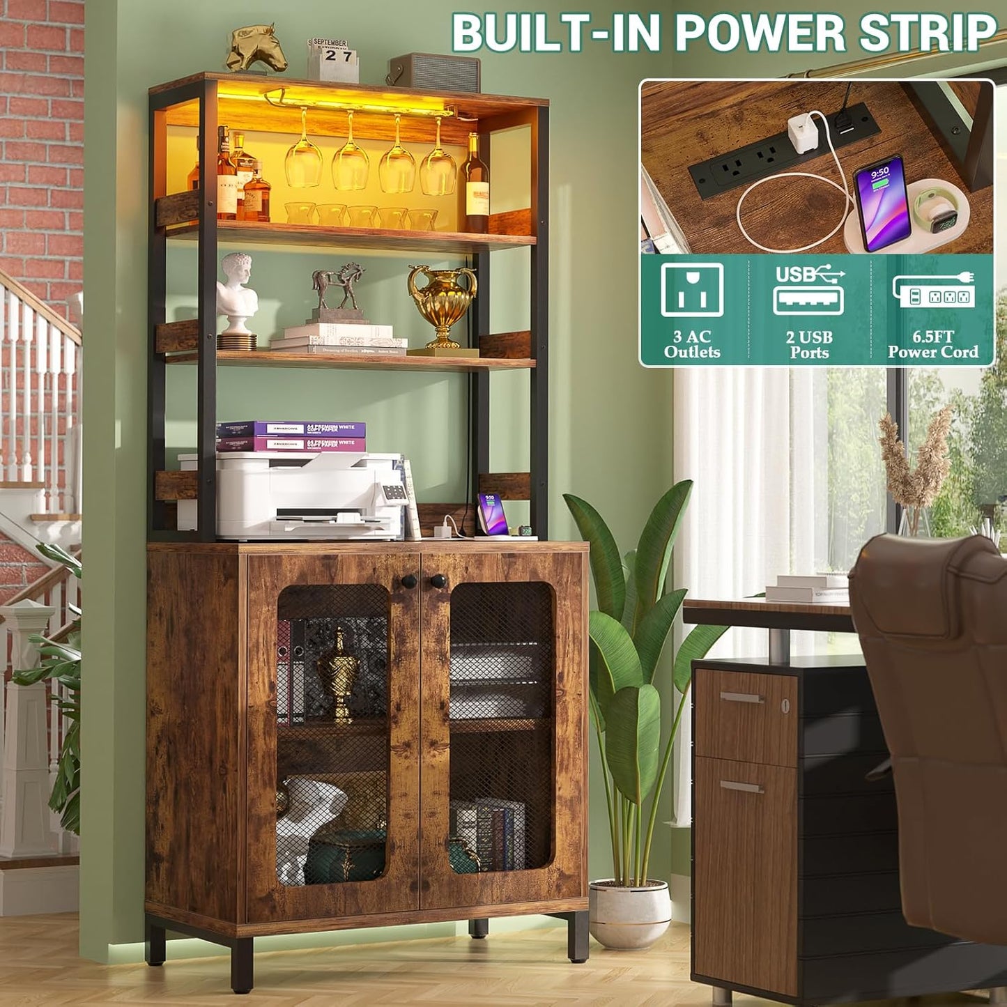 Aheaplus Bar Cabinet with Power Outlets, 67" Tall Wine Bar Liquor Cabinet with LED Lights & Glass Holder, Coffee Bars Station for Living Room, Microwave Stand Bakers Rack Cabinets, Rustic Brown