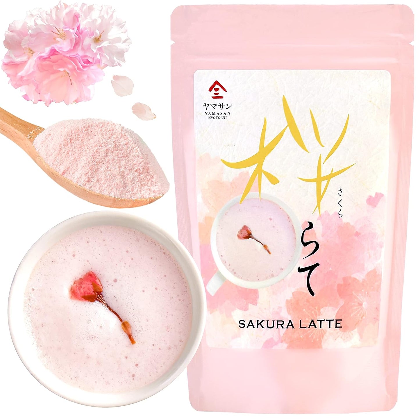 YAMASAN KYOTO UJI Sakura Latte -Creamy and Aromatic Foam- Using Japanese Cherry Blossom 100%, Made in Japan,Sold by Japanese company, 100g(3.5oz)