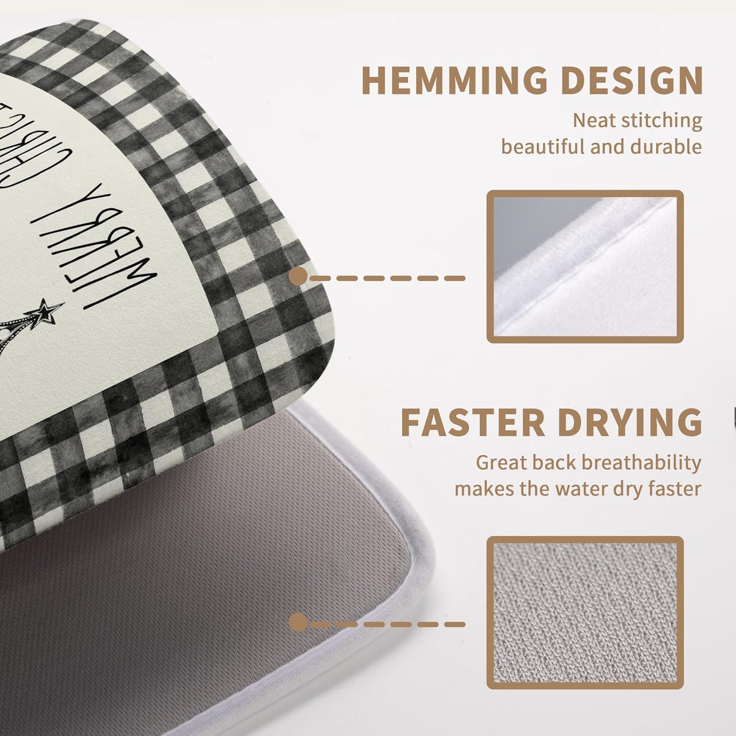 Merry Christmas Dish Drying Mat Buffalo Plaid Large Kitchen Mats Dish Drying Pad Xmas Christmas Tree Absorbent Dish Dryer Mat for Kitchen Countertops Microfiber Drainer Pad Dish Drying Mats (18x24 in)