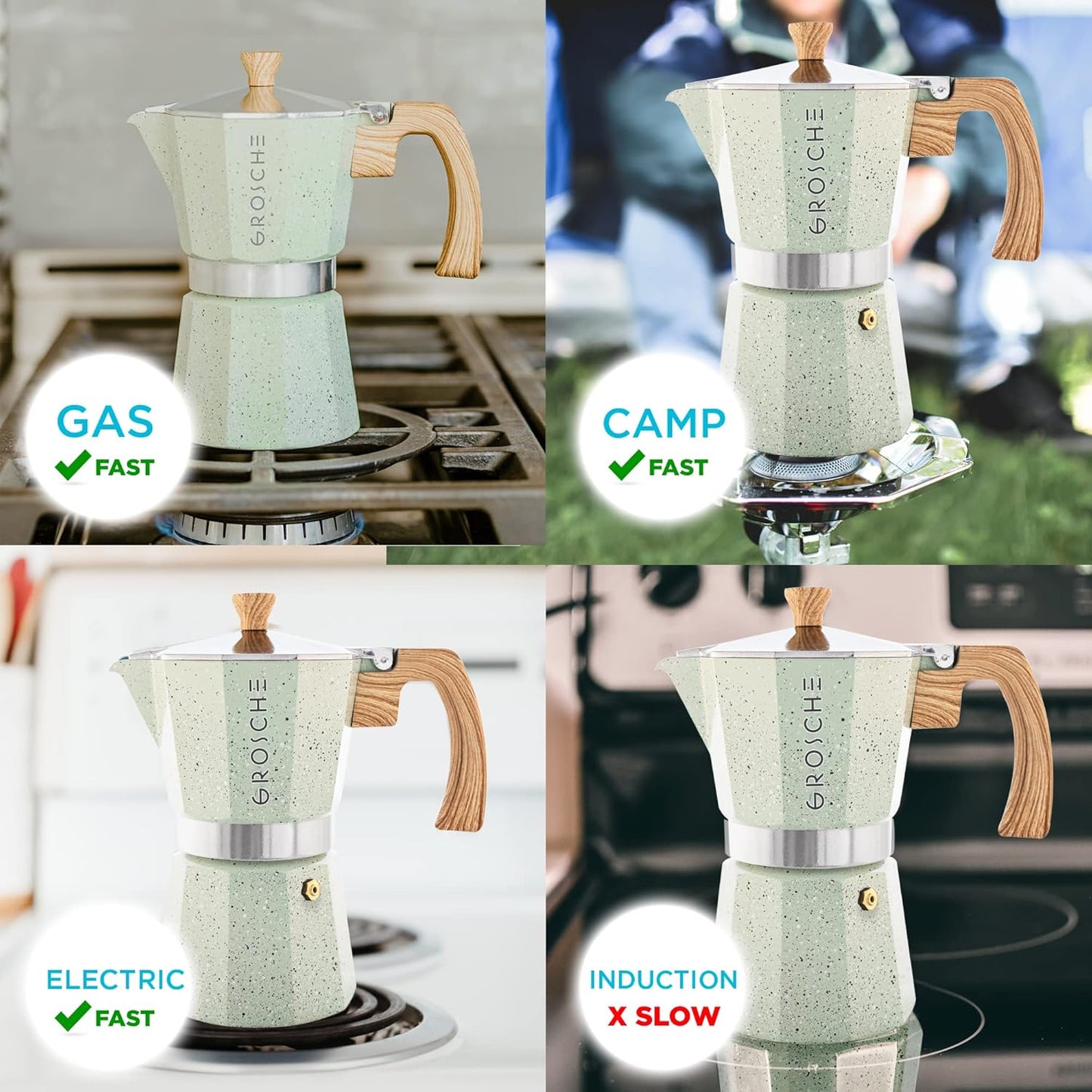 GROSCHE Milano Moka pot, Stovetop Espresso maker, Greca Coffee Maker, Stovetop coffee maker and espresso maker percolator (Mint, 6 cup)