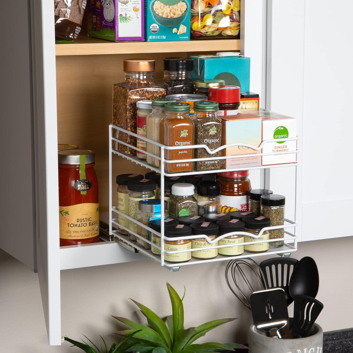 HOLDN’ STORAGE White Spice Rack Organizer for Cabinet, Heavy Duty, Pull Out Spice Rack, Lifetime Limited Warranty, Spice Organization 10.5" W x 10.4" D x 8.8" H - Spice Racks for Inside Cabinets.