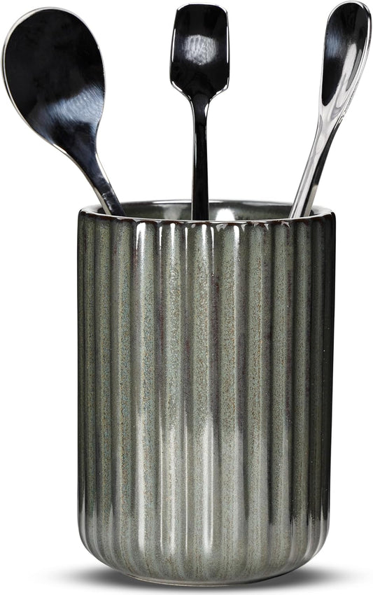 Ceramic Spoon Holder for Coffee Bar, Upright Tea Spoon Holder Cup, Coffee Stirrers Straws Stir Stick Holder, Cement Grey Fluted Surface