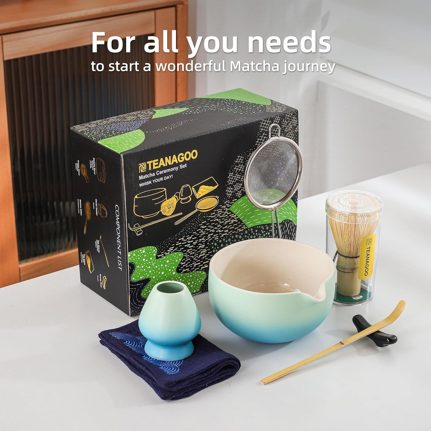 TEANAGOO Matcha Whisk Set Blue,Ceremony Matcha Set,Matcha Kit Grident Blue,Matcha Tea Set for Making Breakfast/Latte,Matcha Whisk Set and Bowl with All Accessories,Gift for Matcha Lover