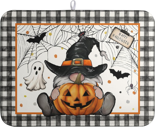Halloween Gnomes Dish Drying Mat Bats Pumpkins Large Kitchen Mats Dish Drying Pad Buffalo Plaid Absorbent Dish Dryer Mat for Kitchen Countertops Microfiber Drainer Pad Dish Drying Mats (18x24 in)