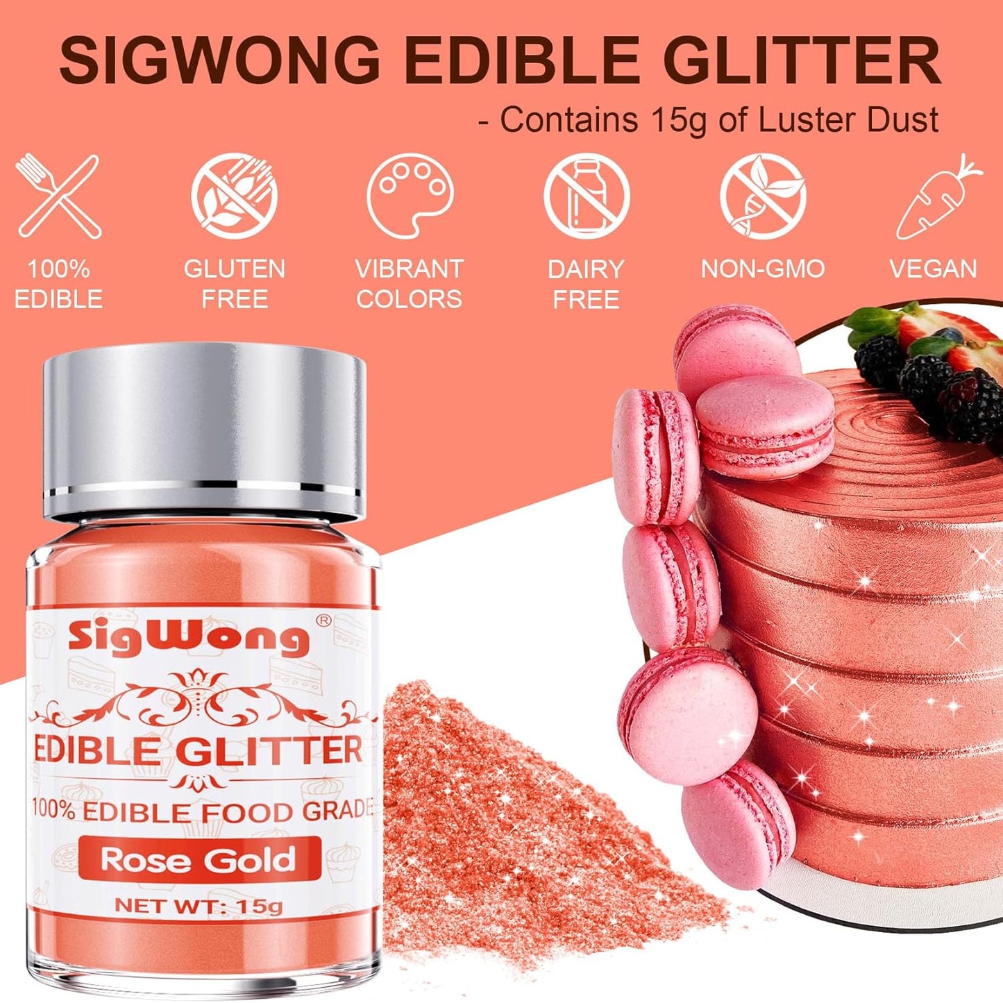 Rose Gold Edible Glitter - 15g Food Grade Luster Dust Powder, Cake Decorating Sprinkle Glimmery Dust for Drinks, Wine, Fondant, Chocolate, Candy, Cookie, Vegan