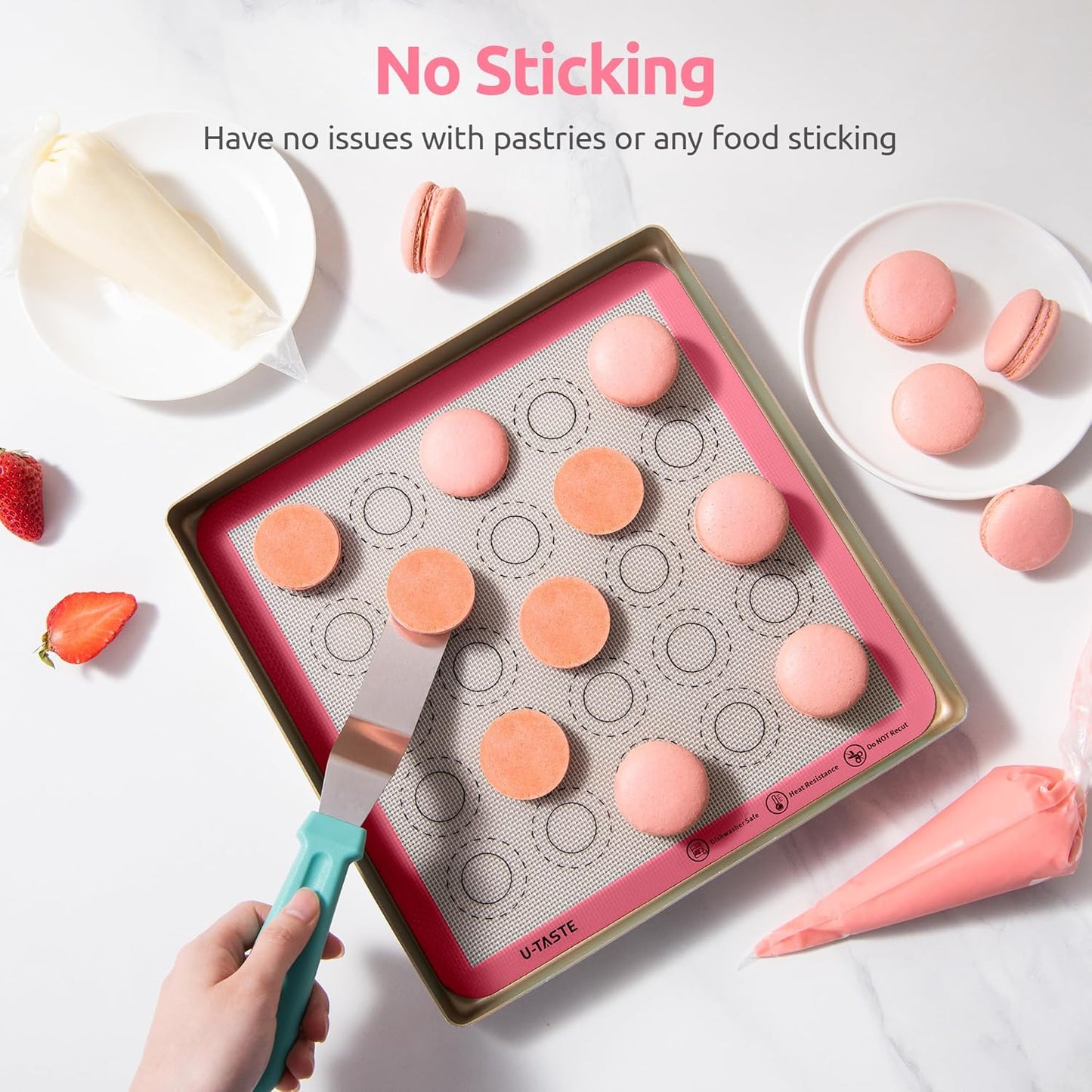 446ºF Heat Resistant Macaron Mat: U-Taste 11x11in Non Stick Silicone Baking Mat, Reusable Cookies Pastry Sheet Liner with Edge Enhancement & Circle Measurement for Square Cake Pan (2 PCS, Pink)