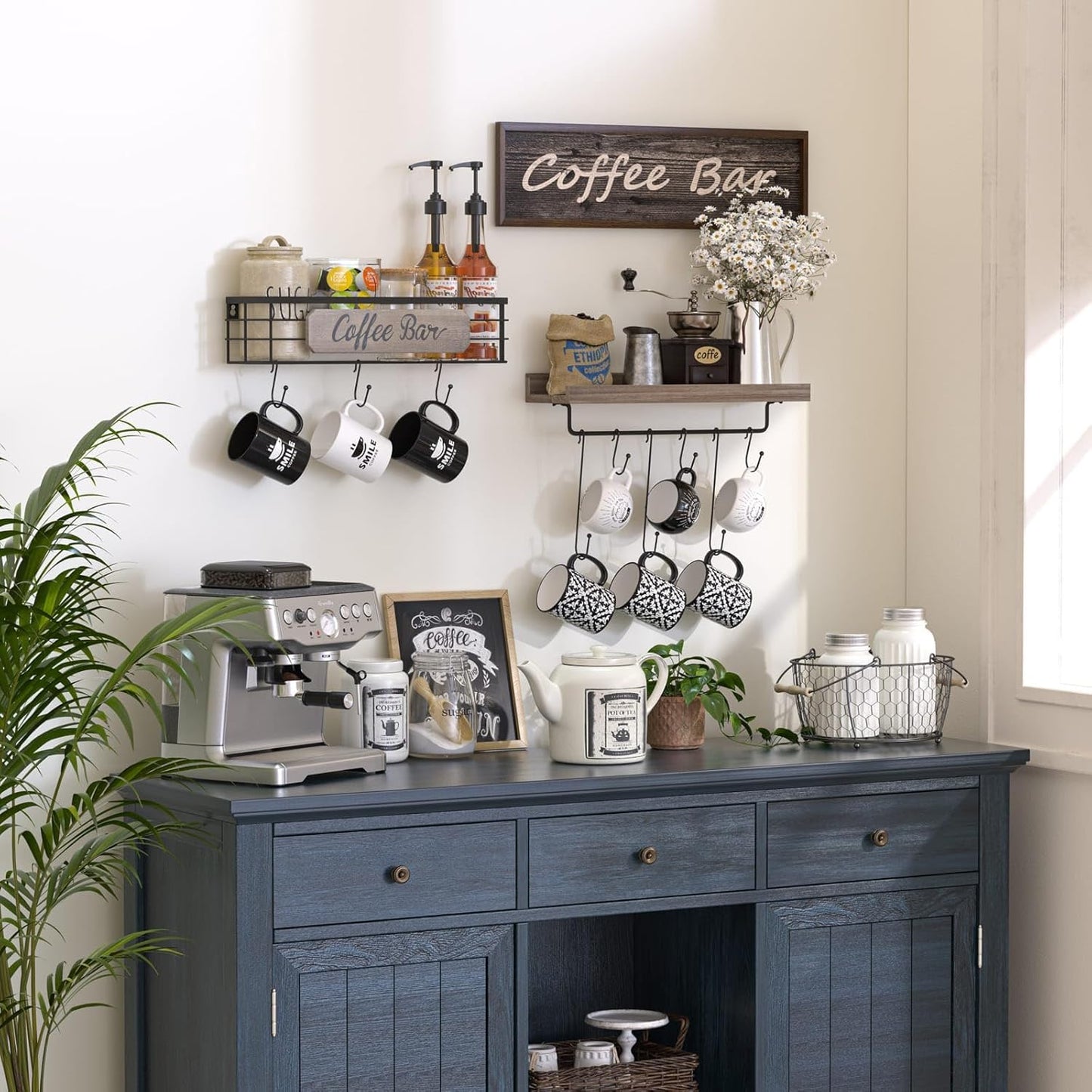 Coffee Mug Holder Organizer 2 Pack with 12 Mug Hooks Mug Rack Wall Mounted with Coffee Bar Sign Farmhouse Coffee Accessories and Organizer with Metal Basket Floating Shelves for Wall Weathered Walnut