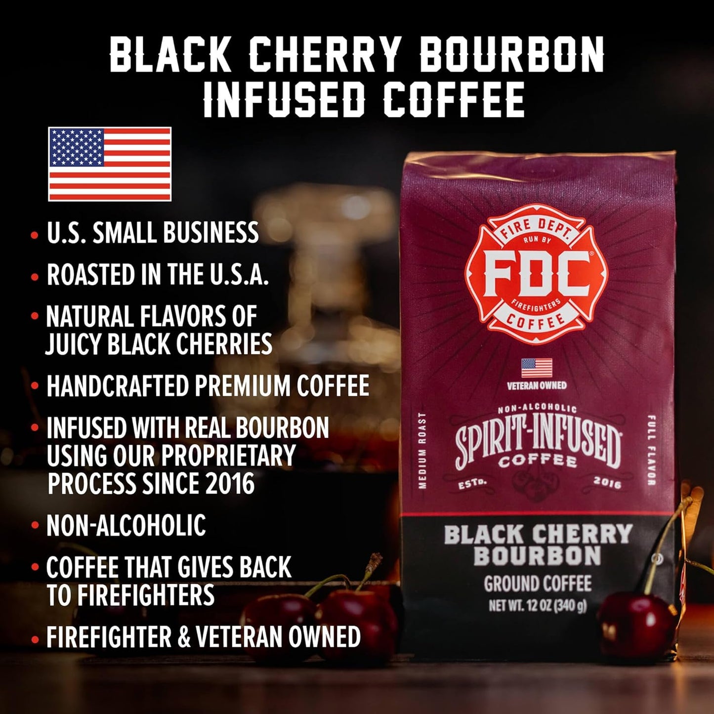 Fire Department Coffee - Black Cherry Bourbon Coffee - Gives Back to Firefighters - Premium Bourbon Infused Ground - Non-Alcoholic - Roasted in the USA - Veteran Owned (12 oz, Pack of 2)