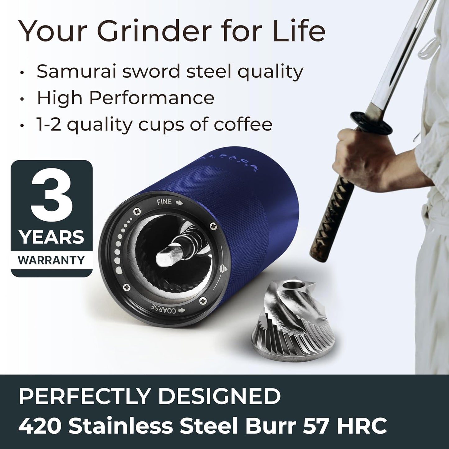 Manual Coffee Grinder by Alpaca Ventures - Stainless Steel Conical Burr Coffee Grinder Manual with Adjustable Setting Double Bearing Hand Espresso Grinder Perfect for Home, Office and Camping