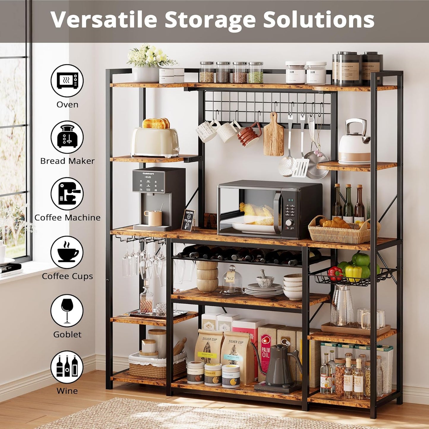 IRONCK Large Bakers Rack with Power Outlet, 62 Inch Wide Microwave Stand, Coffee Bar with Storage, Kitchen Racks and Shelves