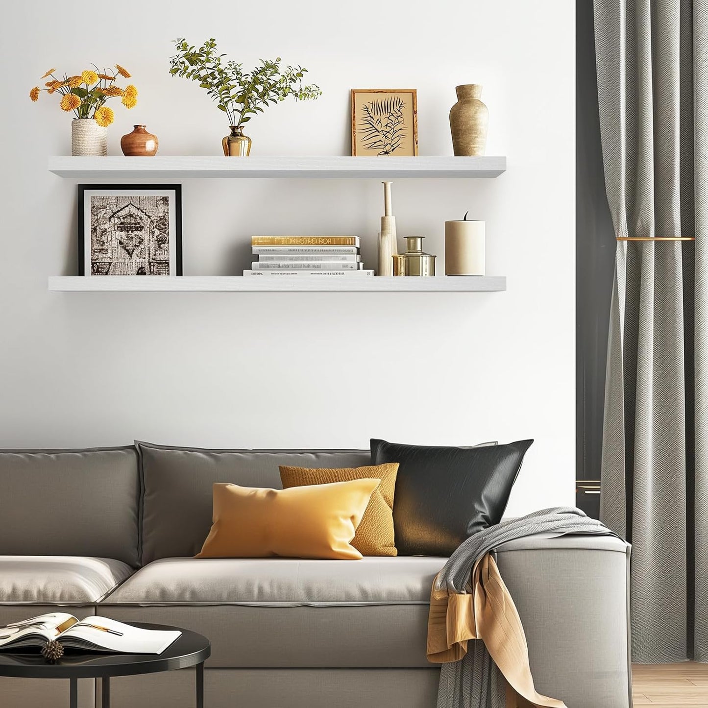 BAYKA Floating Shelves, 48" Wall Mounted Rustic Wood Shelves for Bathroom, Bedroom, Living Room, Kitchen, Office, Hanging Shelf for Books/Storage/Decor(White,Set of 2)