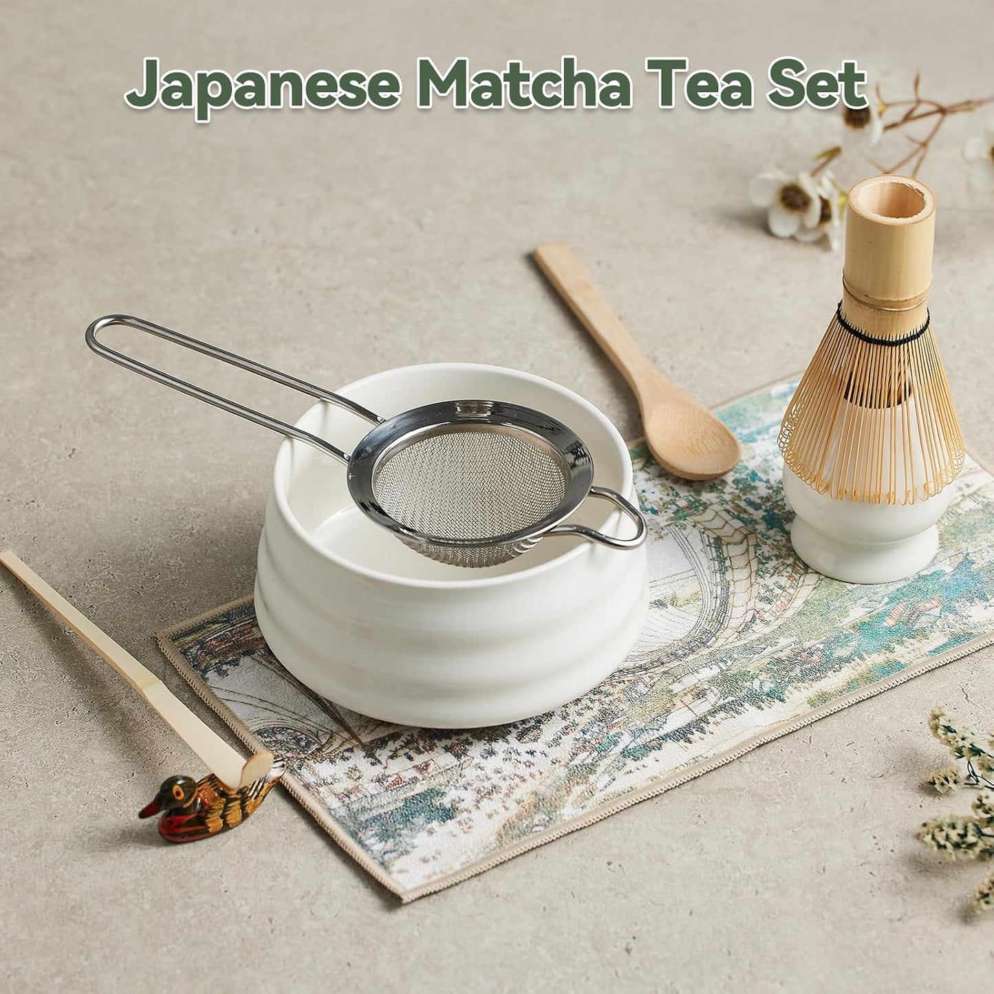 Japanese matcha set, matcha whisk and bowl, matcha sieve, matcha whisk holder, and matcha spoon - 8pcs Matcha Set (white)