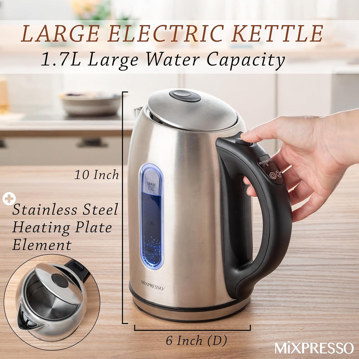 Mixpresso Stainless Steel Electric Kettle, Cordless 1.7L Electric Kettle Temperature Control,1500W Electric Tea Kettle with Viewing Window 2 Hr Keep Warm, Water Boiler with Auto-Off, Boil-Dry System