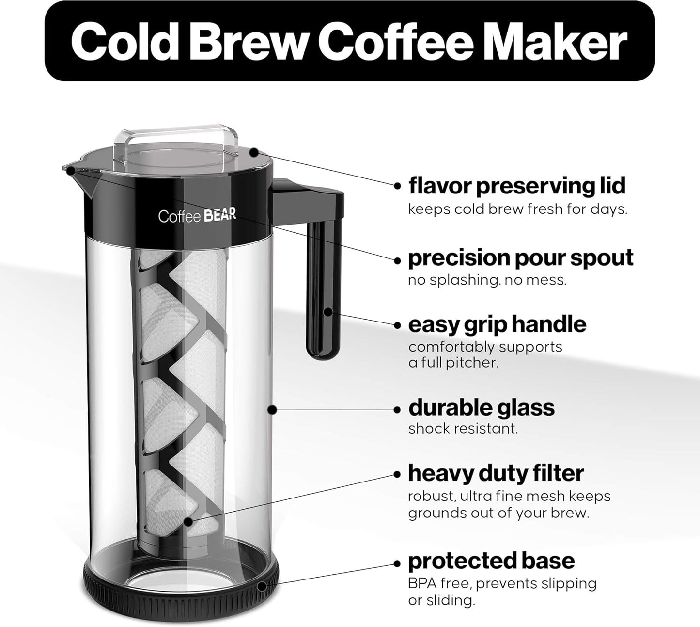 COFFEE BEAR – Cold Brew Coffee Maker and Iced Tea Brewer, Large 1.3L (44oz) Borosilicate Glass Pitcher with Reusable Mesh Filter, Easy to Clean, Dishwasher Safe